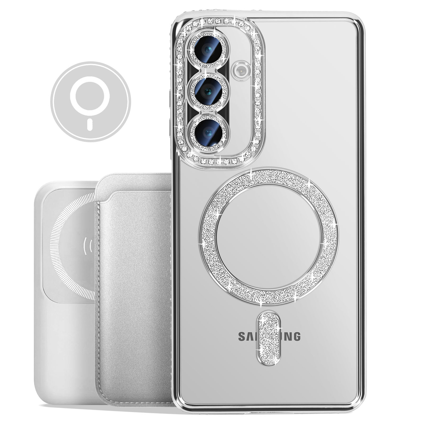 Custodia trasparente per telefono con diamanti, con telefono e portacarte separato.
