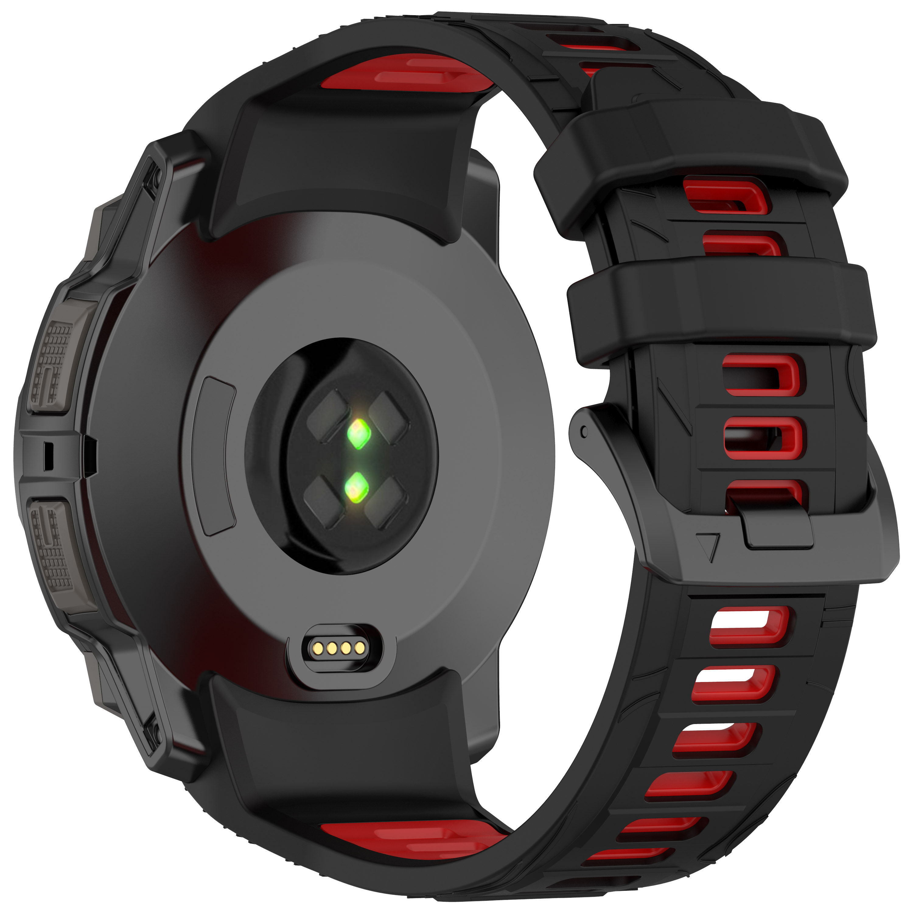 Schwarze Smartwatch mit roten Akzenten, Rückseite mit Sensoren und Armband zeigend.