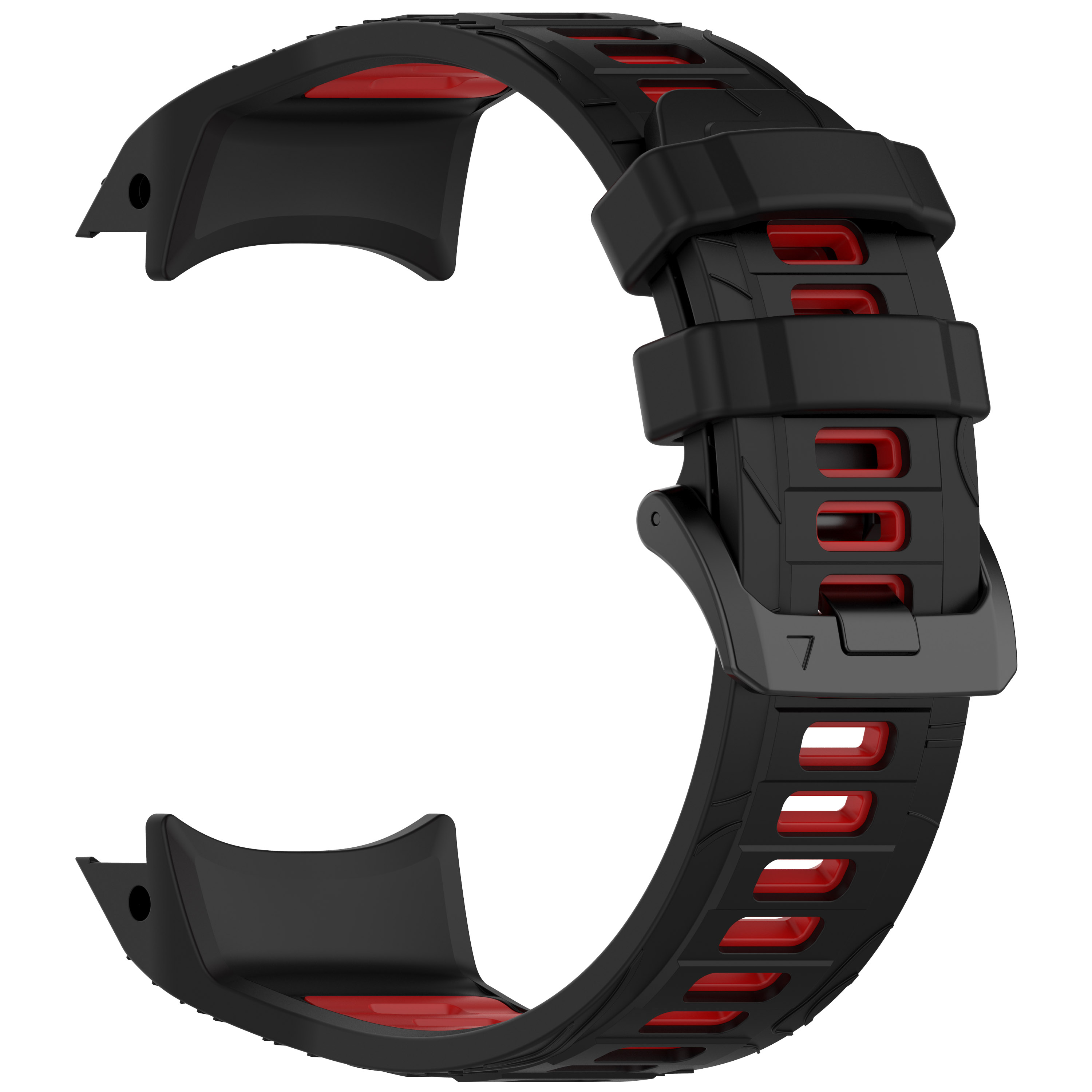 Schwarzes und rotes Uhrenarmband mit Schnalle.