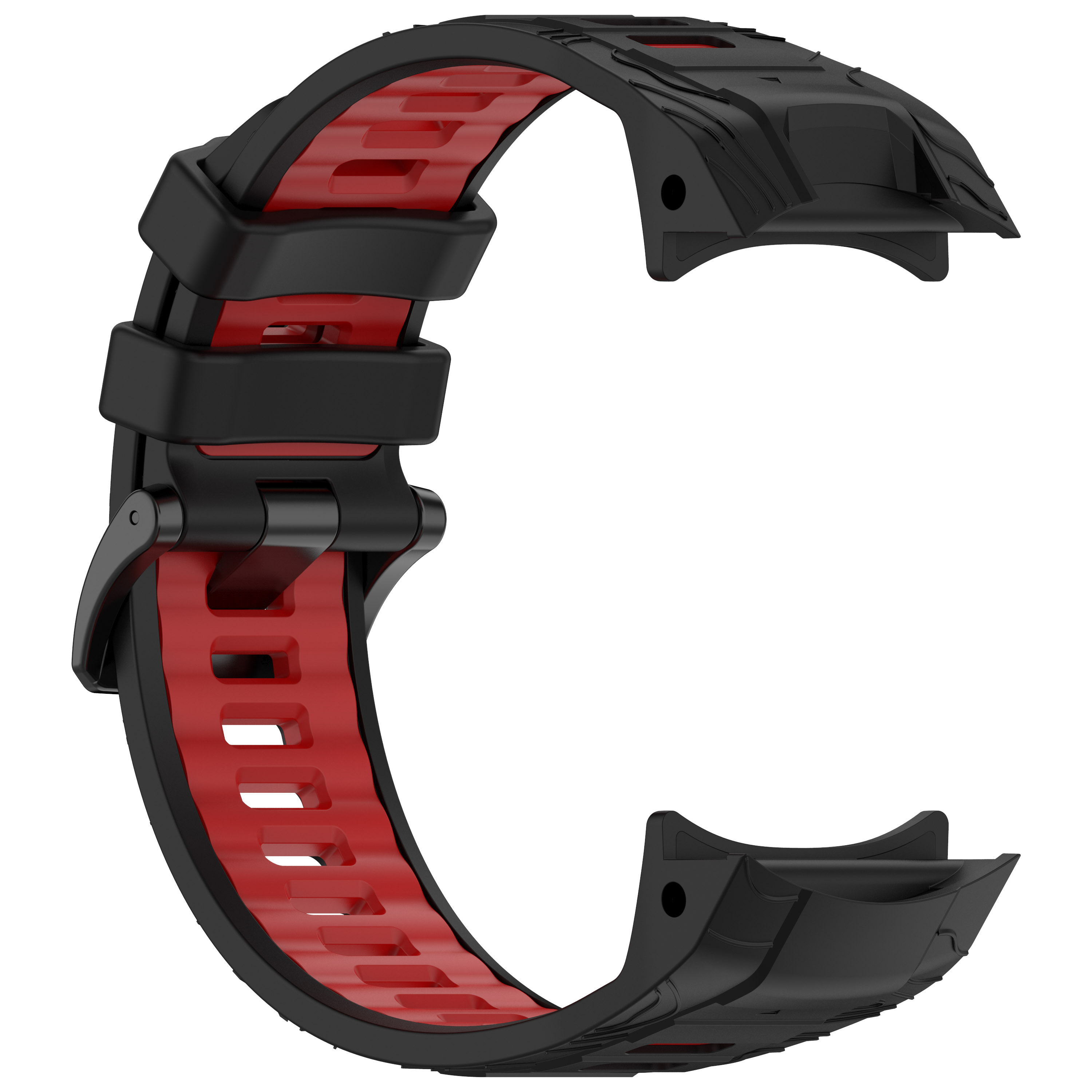 Armband, schwarz mit roten Akzenten. Gebogene Form mit Verschlussmechanismus.