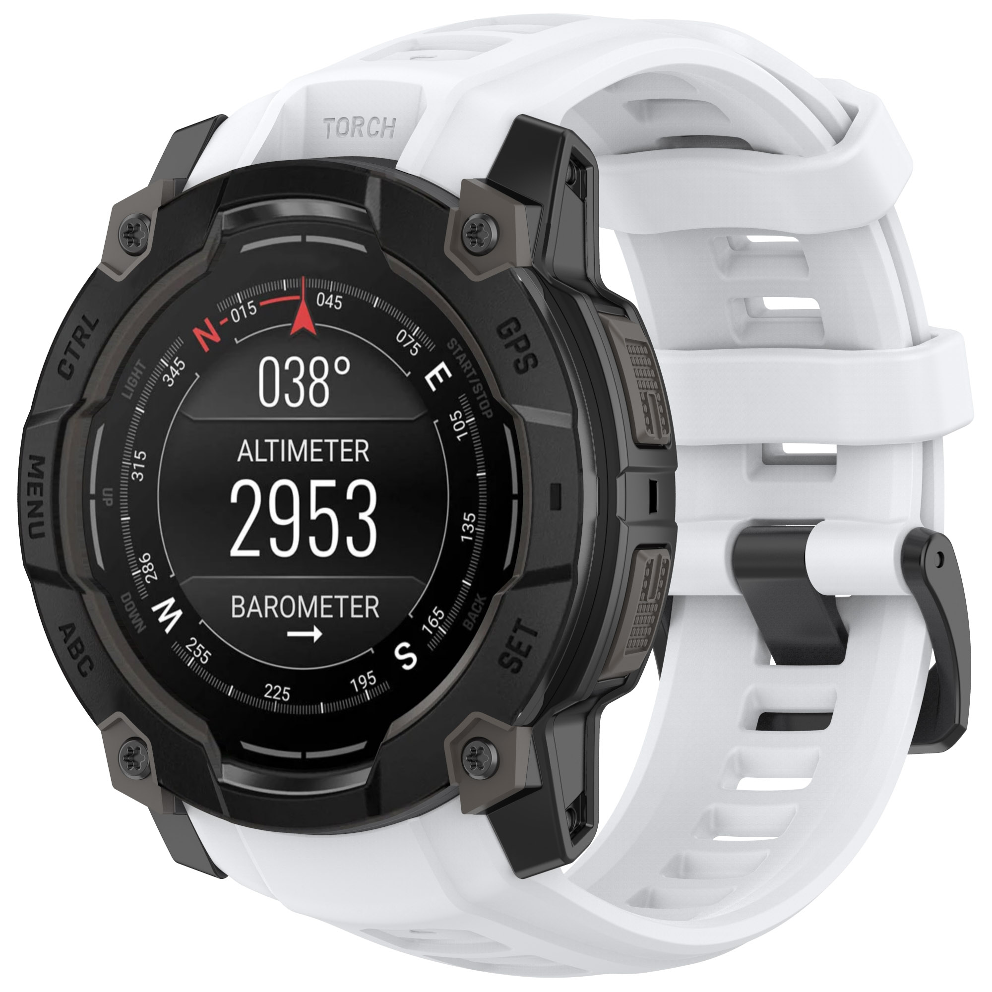 Schwarze und weiße Smartwatch mit digitaler Anzeige. Weißes Armband.