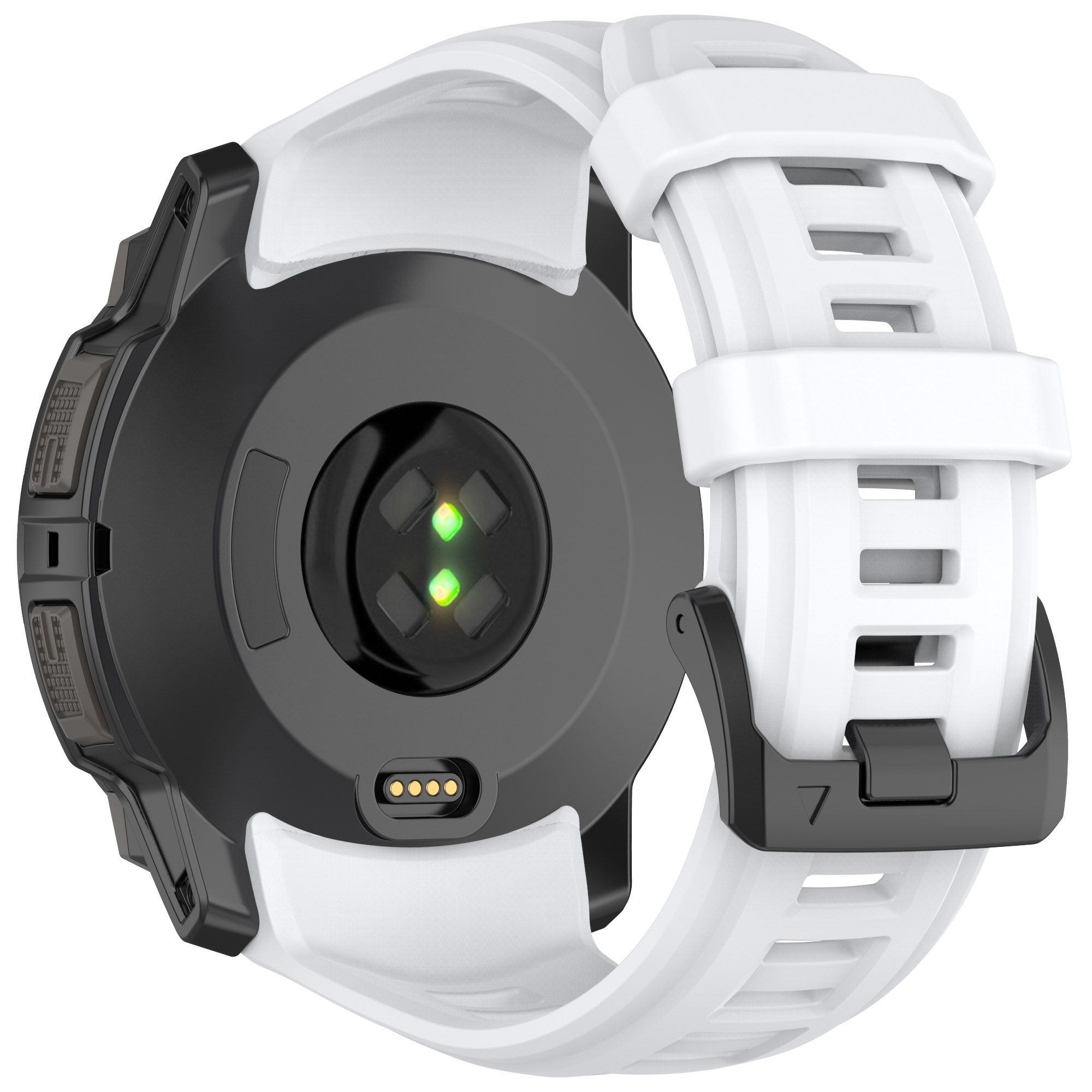 Schwarz-weiße Smartwatch mit grünem Sensor und weißem Armband, Rückseite der Uhr.