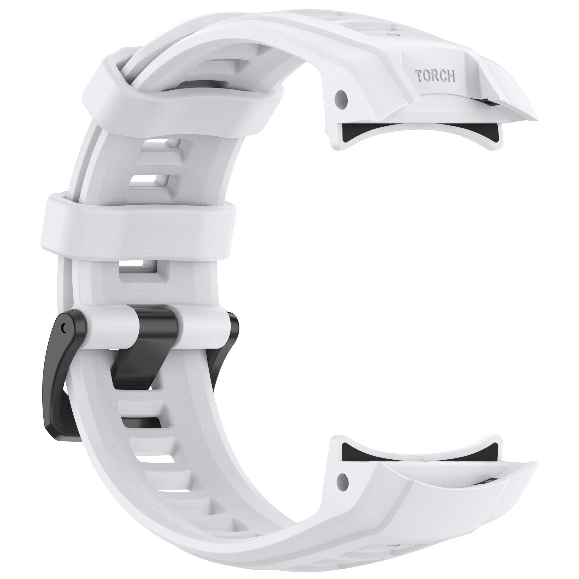 Weißes Uhrenarmband. Das Armband ist gebogen. Das Wort TORCH steht auf dem Band.