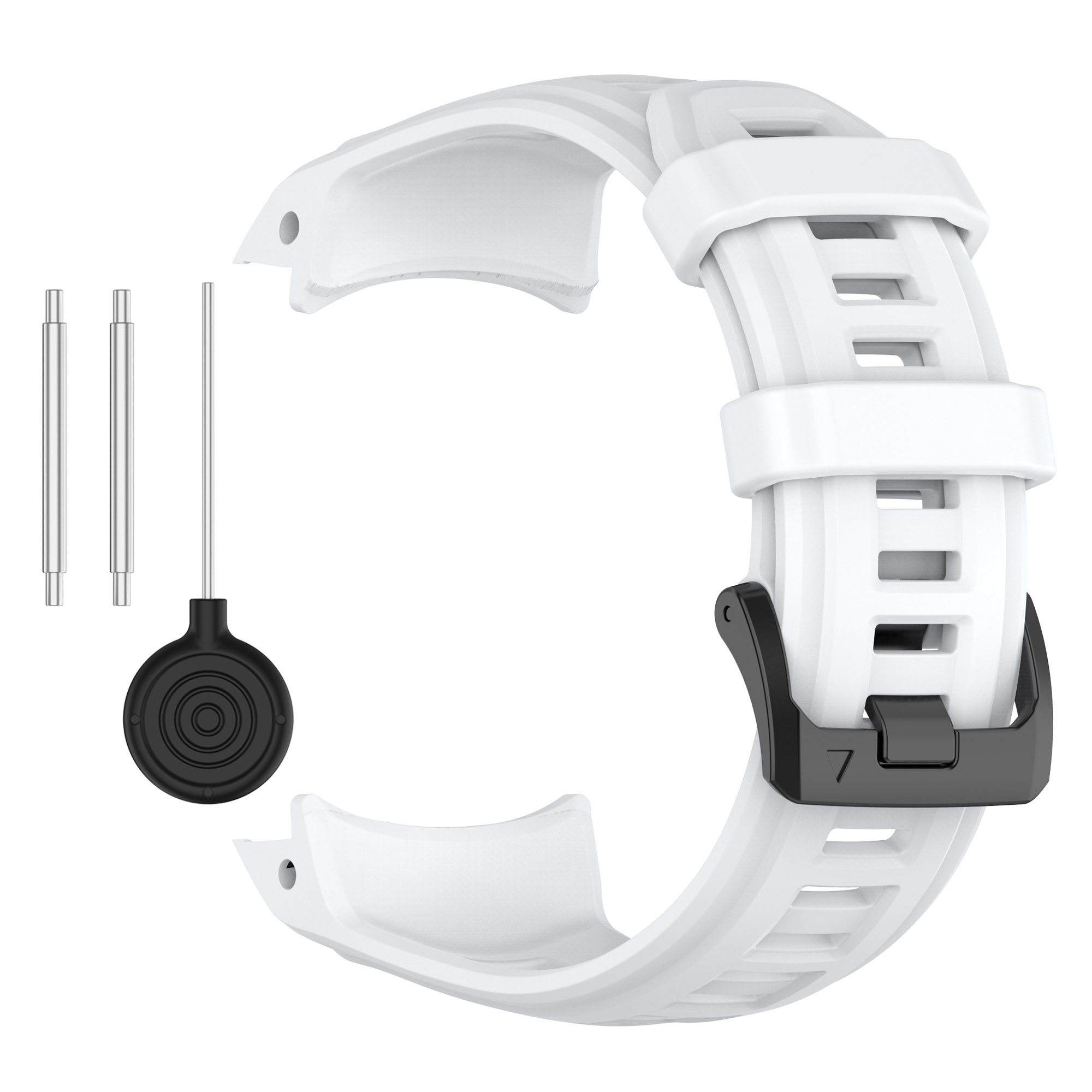 Weißes Uhrenarmband mit schwarzer Schnalle, zwei silbernen Stiften und einem Werkzeug links.