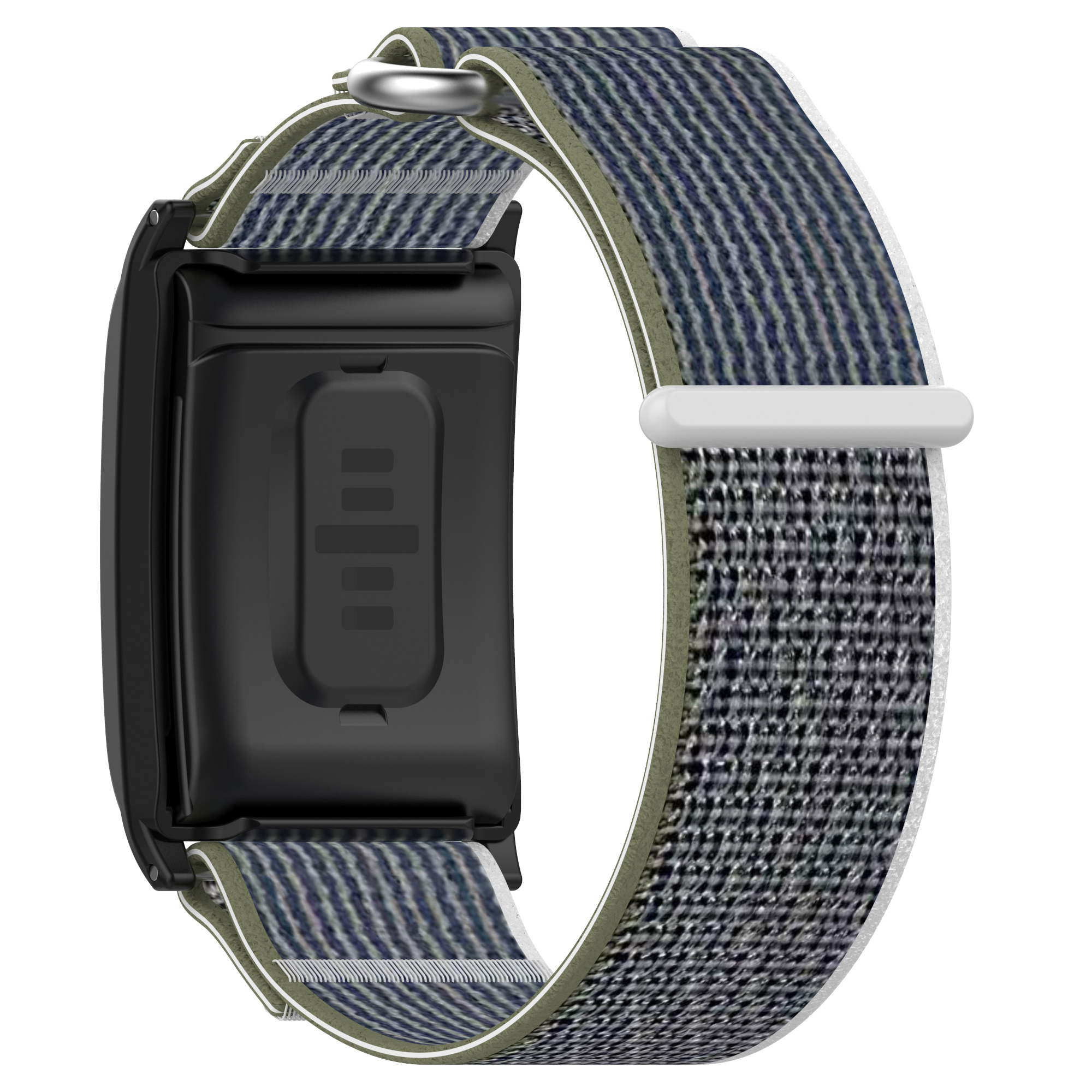 Schwarzer Fitnesstracker mit Stoffband. Das Band ist grau und olivgrün. Weißer Hintergrund.