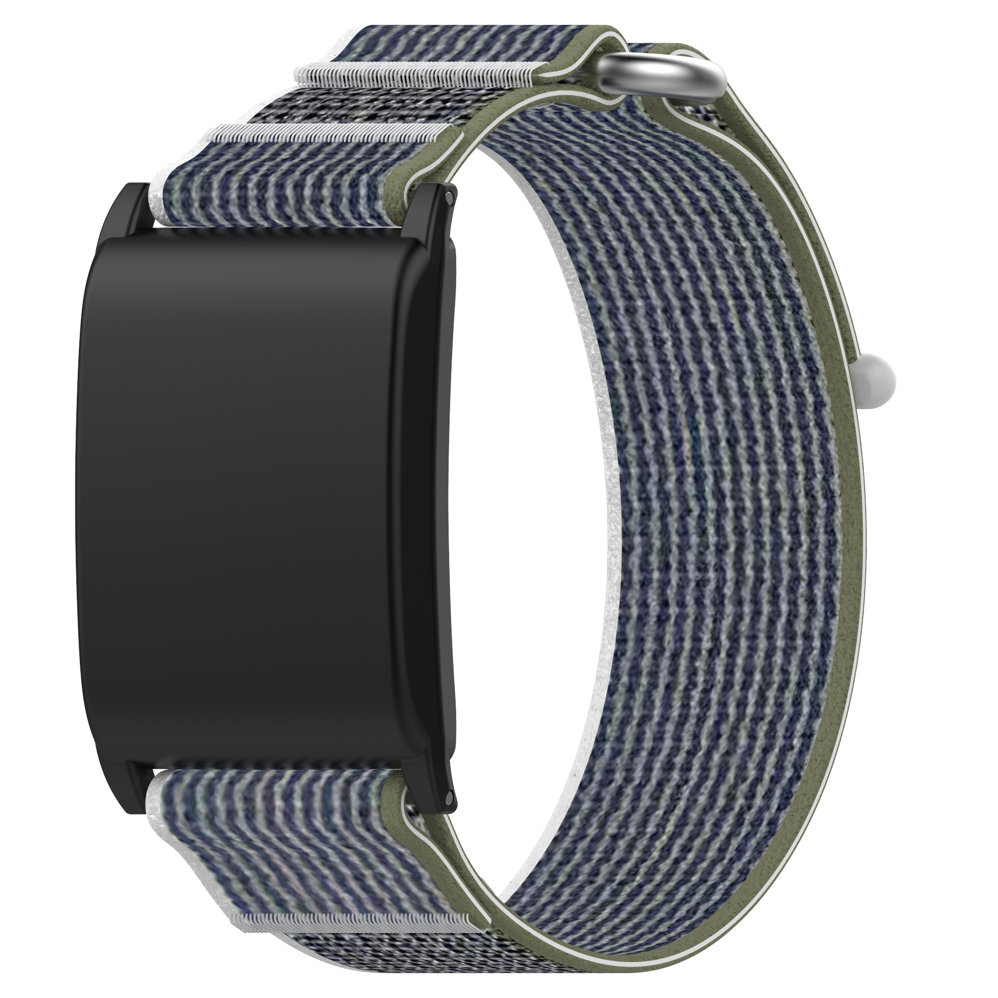 Ein schwarzes Smartwatch-Armband mit einem schwarzen rechteckigen Bildschirm. Das Armband ist weiß und marineblau gestreift.