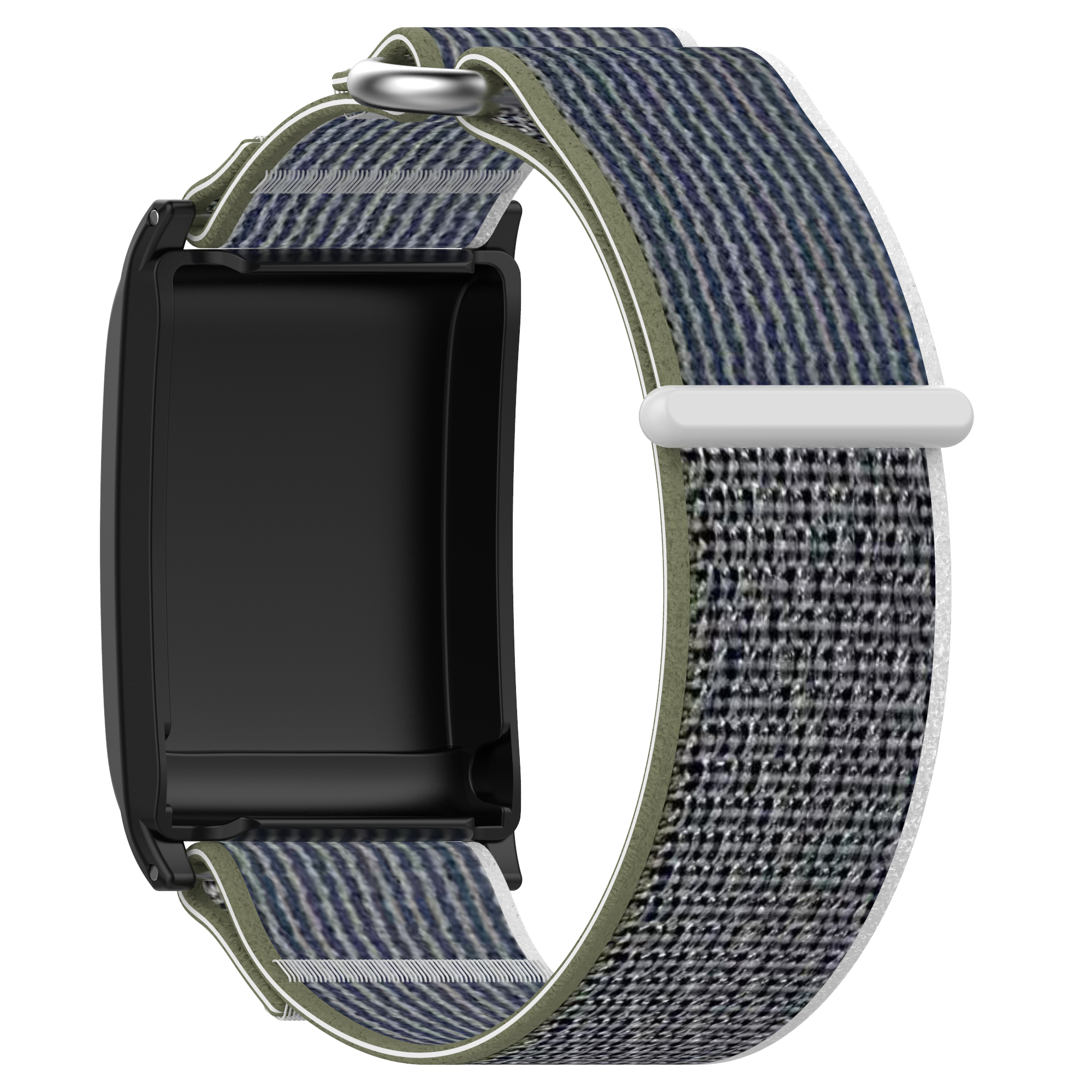 Schwarzer Fitnesstracker mit blau-grauem Streifenband und silberner Schnalle.