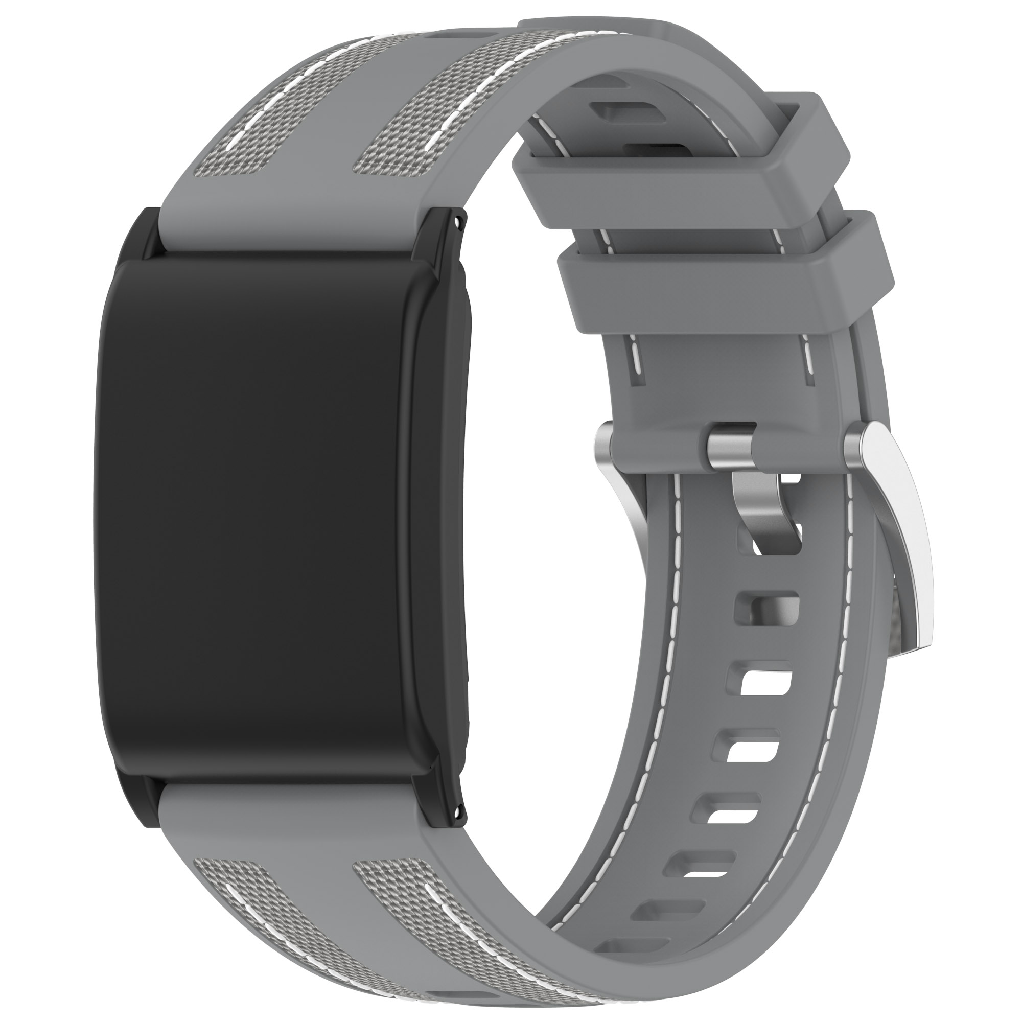 Grau-schwarzer Fitnesstracker mit grauem Armband und silberner Schnalle.