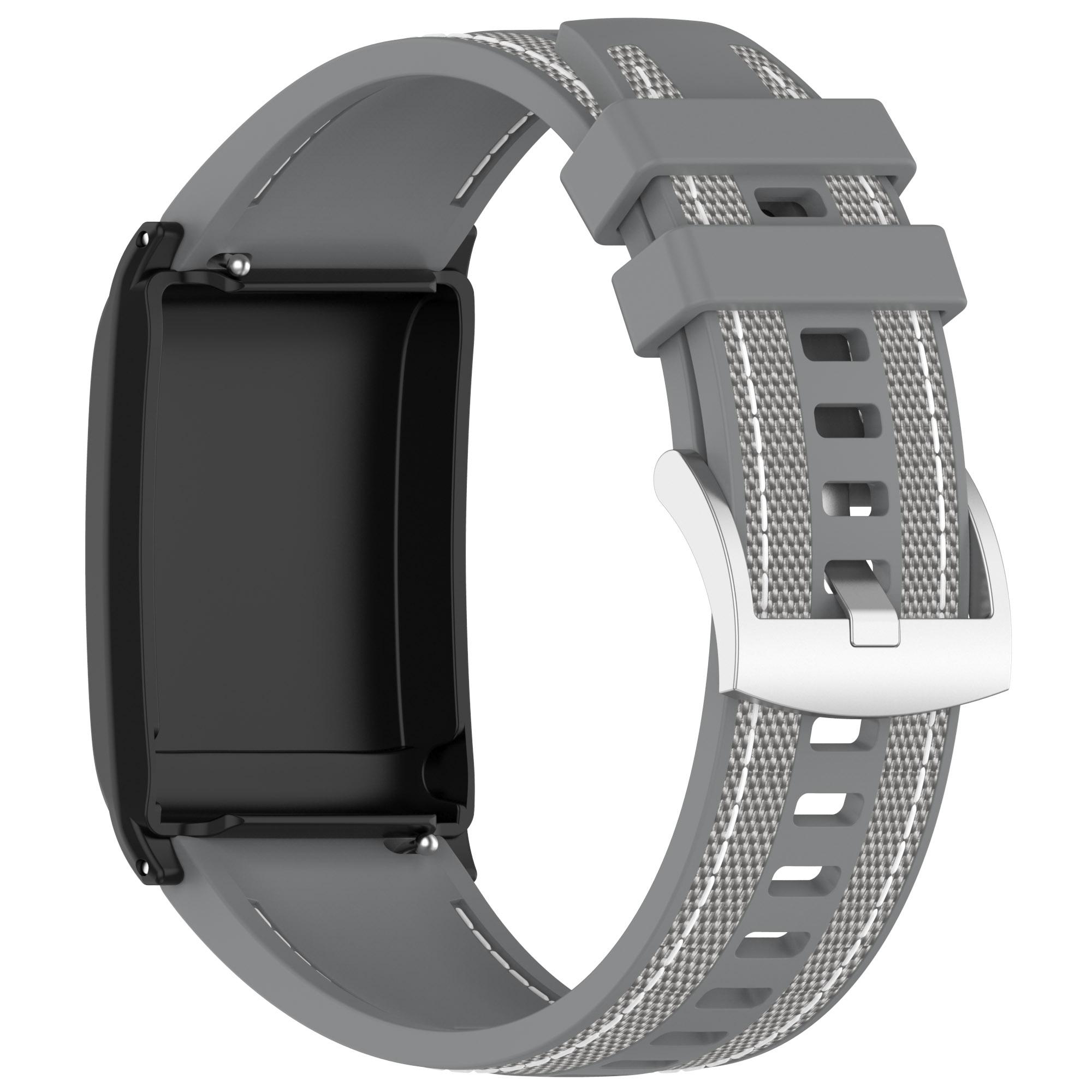 Graues Armband mit weißem Muster, schwarzem Bildschirm und silberner Schnalle. Enthält Werkzeuge.