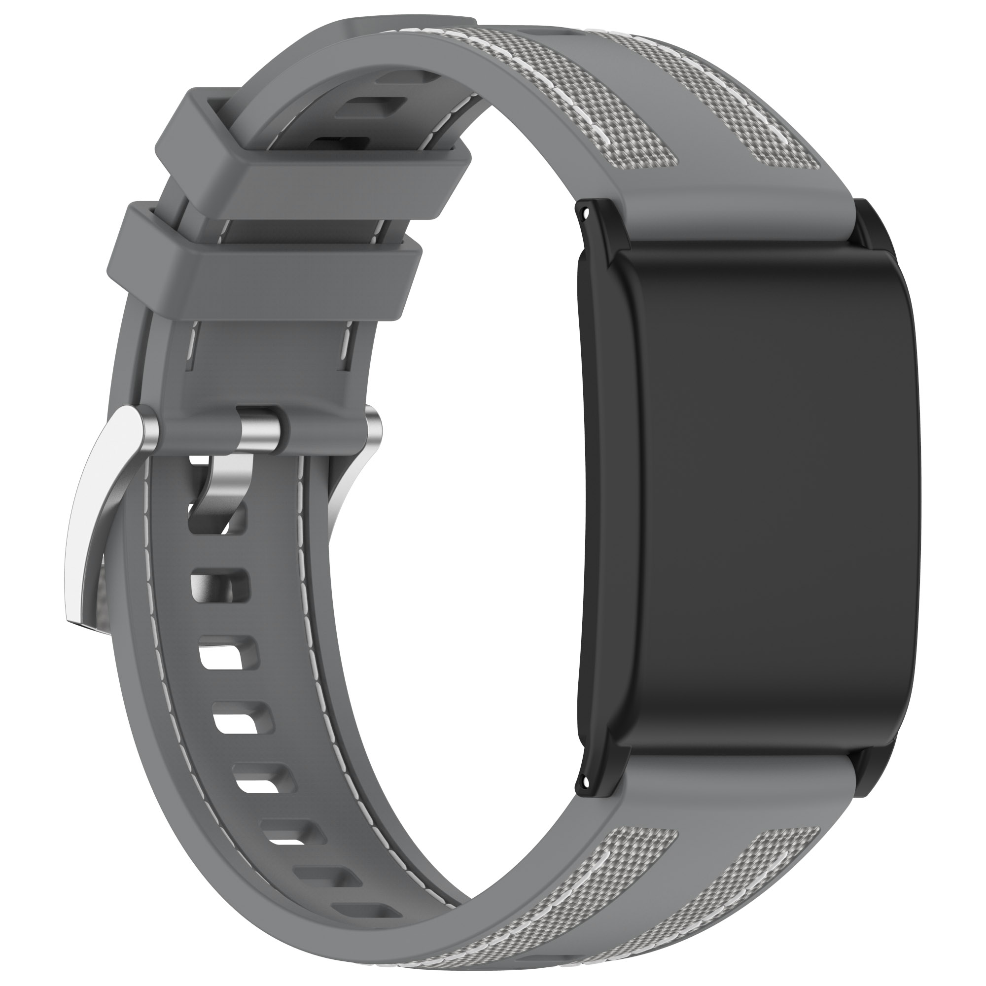 Ein graues Fitness-Tracker-Armband. Es hat einen schwarzen Bildschirm und eine silberne Schnalle. Das Band ist grau mit Muster.