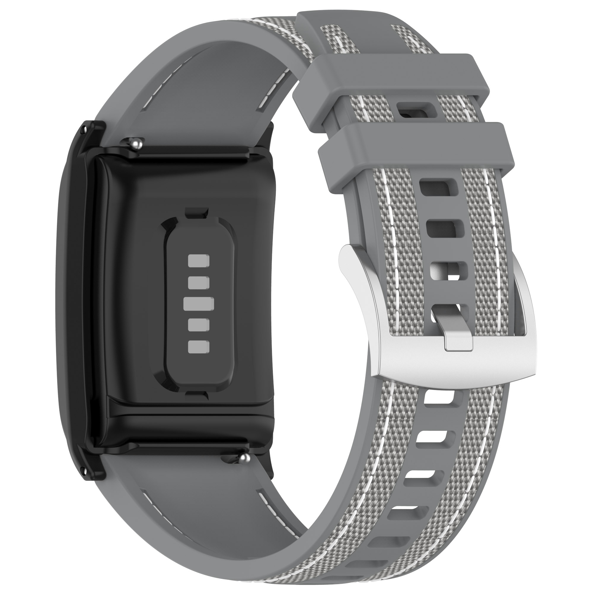 Graues und schwarzes Smartwatch-Armband. Es hat ein graues Band mit weißen Streifen und ein schwarzes Gehäuse.