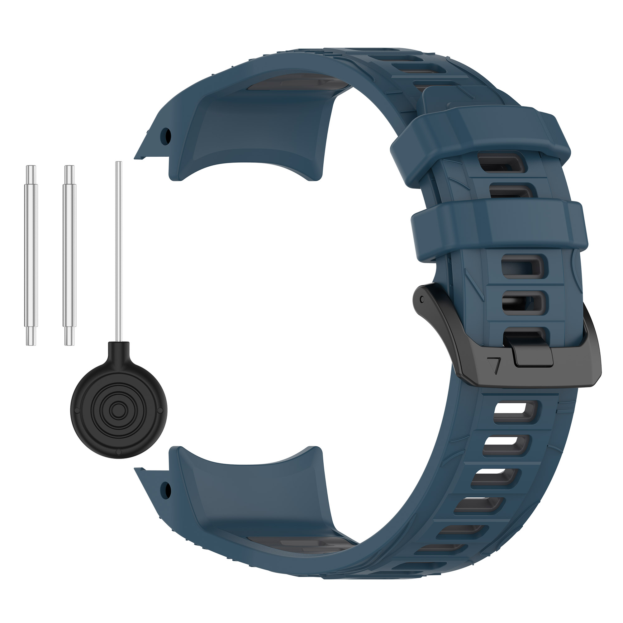 Cinturino blu con barre metalliche e un attrezzo. Il cinturino è collegato con una chiusura nera.