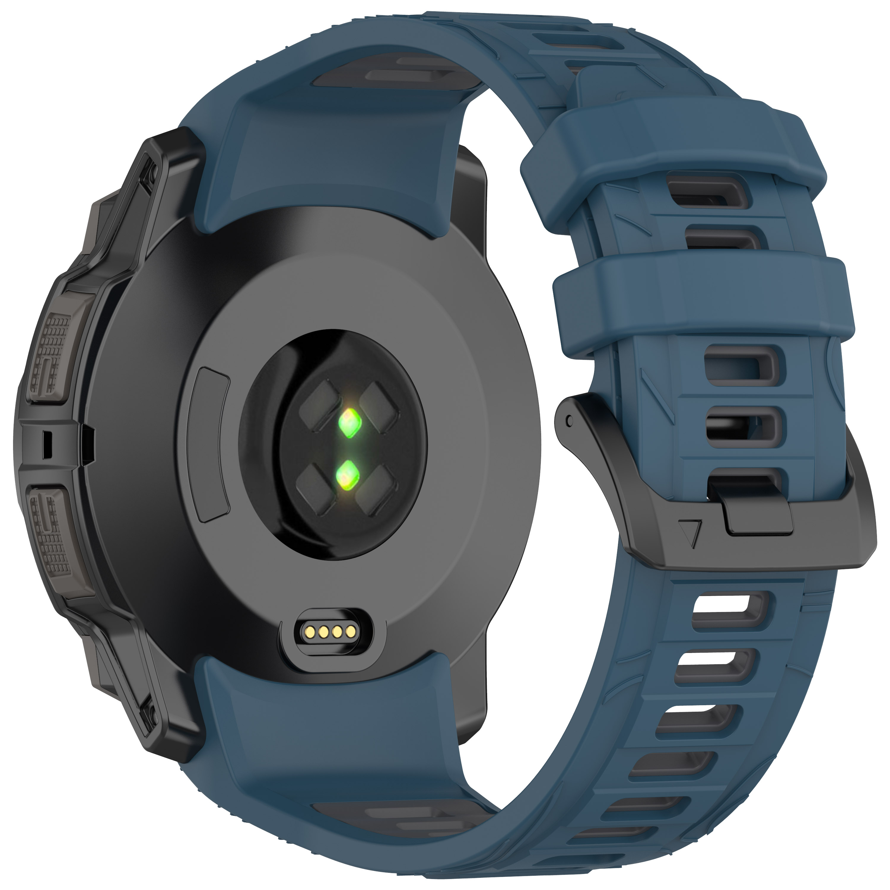 Vista inferiore di uno smartwatch blu e nero. Luce verde visibile.