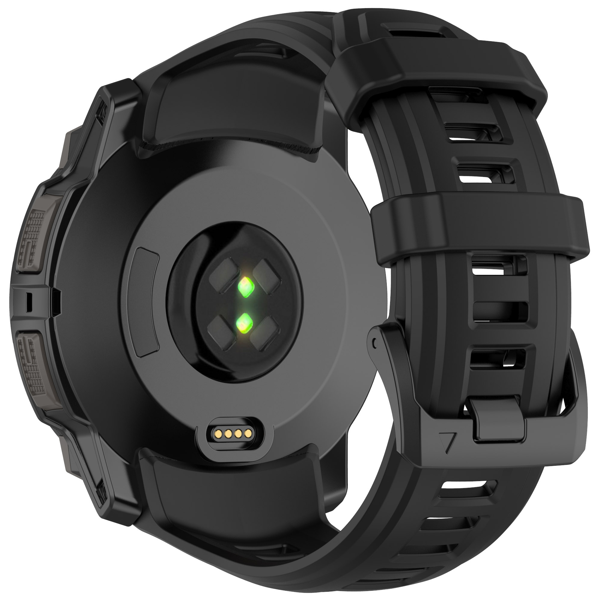 Il retro di uno smartwatch nero con cinturino nero. L'orologio ha un sensore di frequenza cardiaca sul retro.