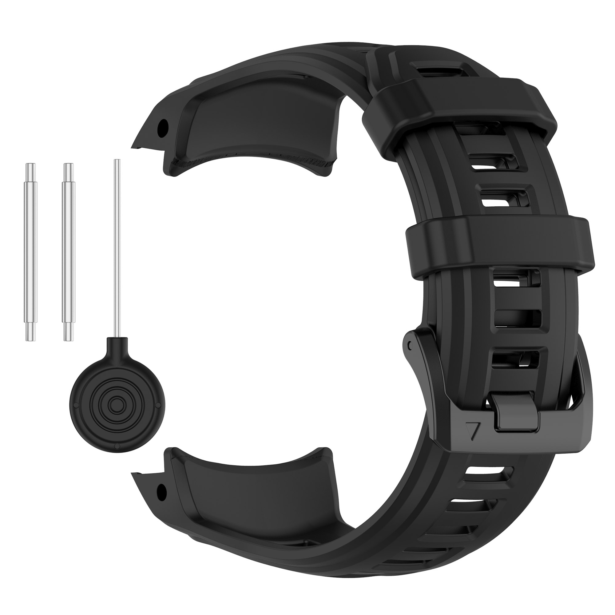 Un cinturino nero con strumenti. Il cinturino è gommato con chiusura in metallo e include perni.