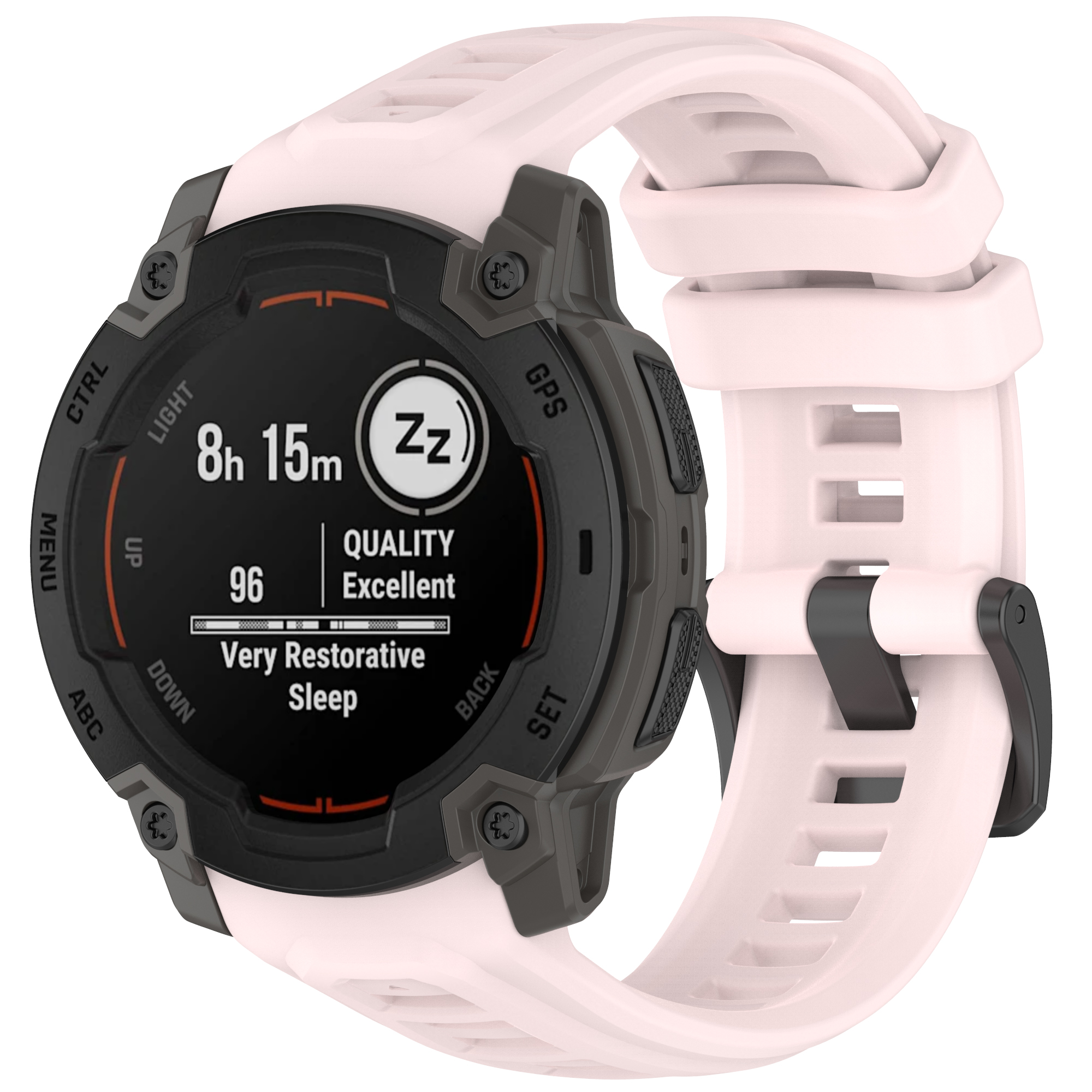 Smartwatch rosa con schermo nero che mostra i dati del sonno. Cinturino nero e rosa. Sfondo bianco.