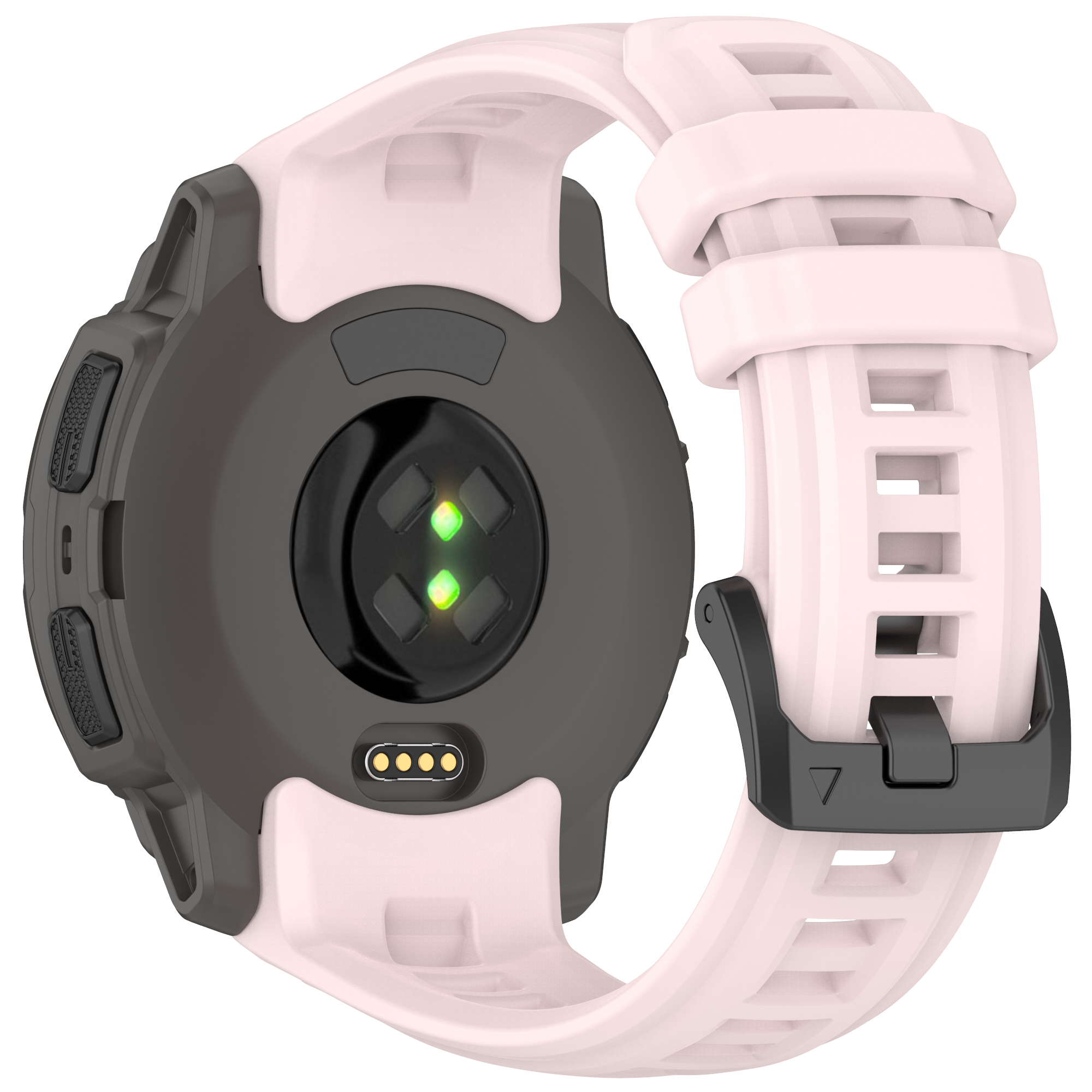 Retro di uno smartwatch con cinturino rosa. Sensori e punti di ricarica visibili.
