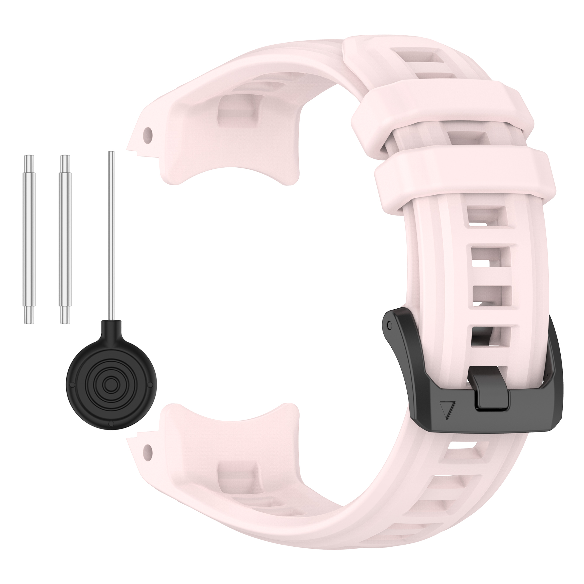 Cinturino rosa con fibbia nera e perni con strumento di sostituzione su sfondo bianco.
