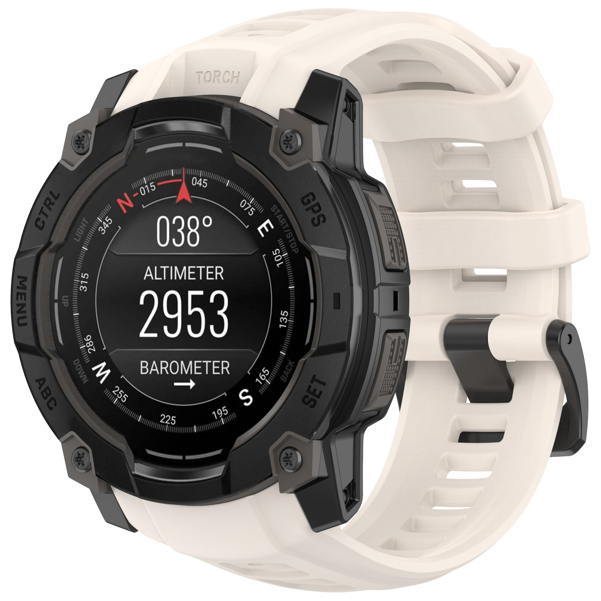 Uno smartwatch bianco e nero con display digitale e cinturino bianco.