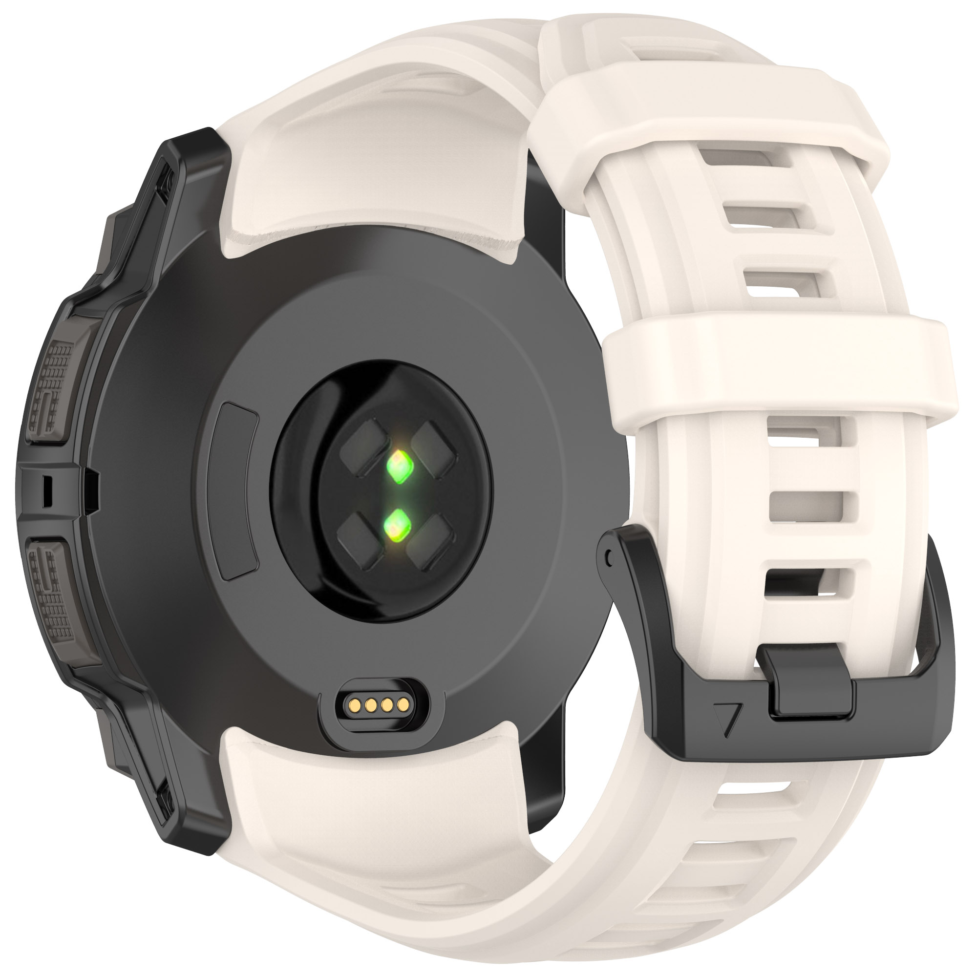 Orologio Garmin bianco e nero, vista posteriore, cinturino bianco, luce verde.