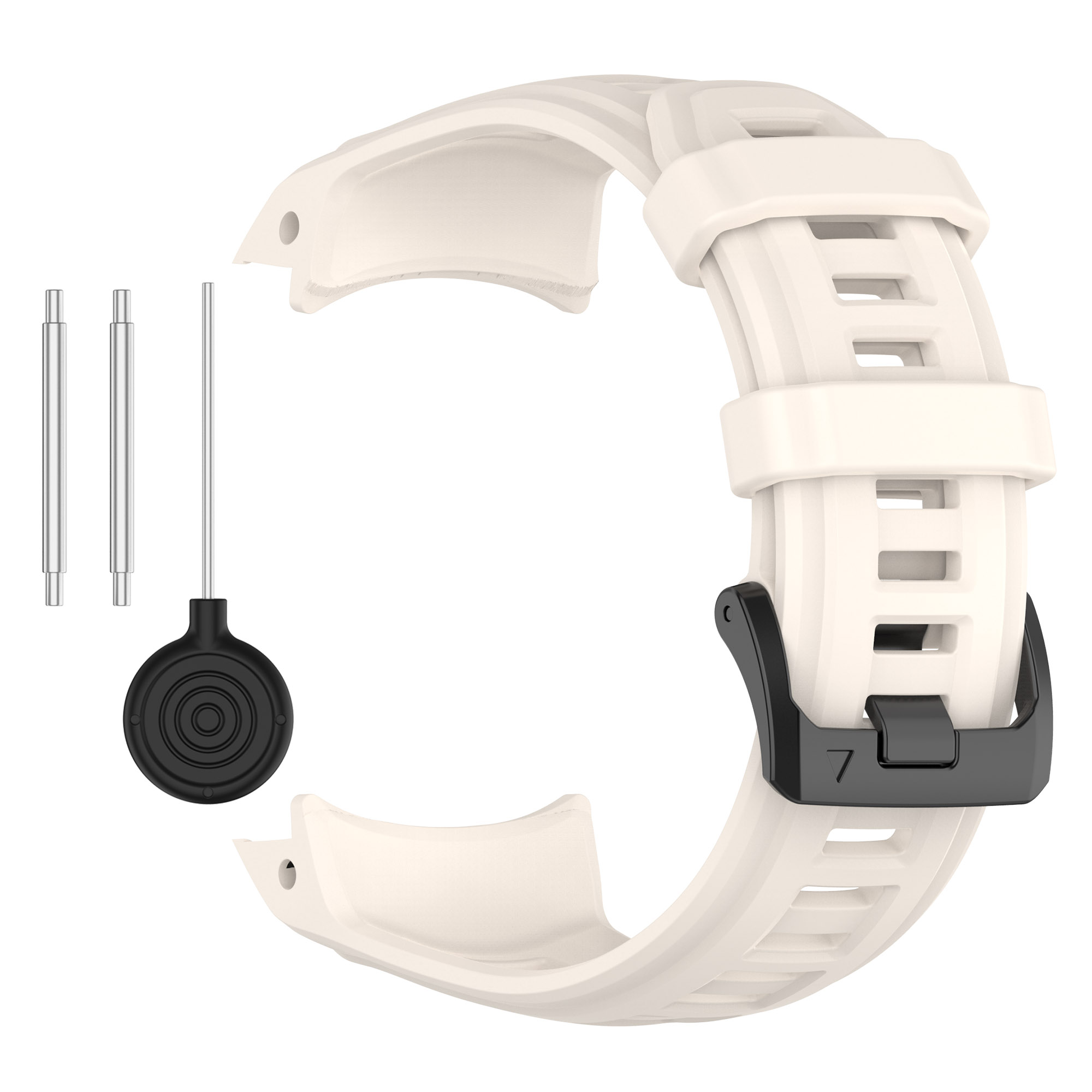 Cinturino bianco e accessori. Fibbia nera, perni argentati e uno strumento sono disposti.