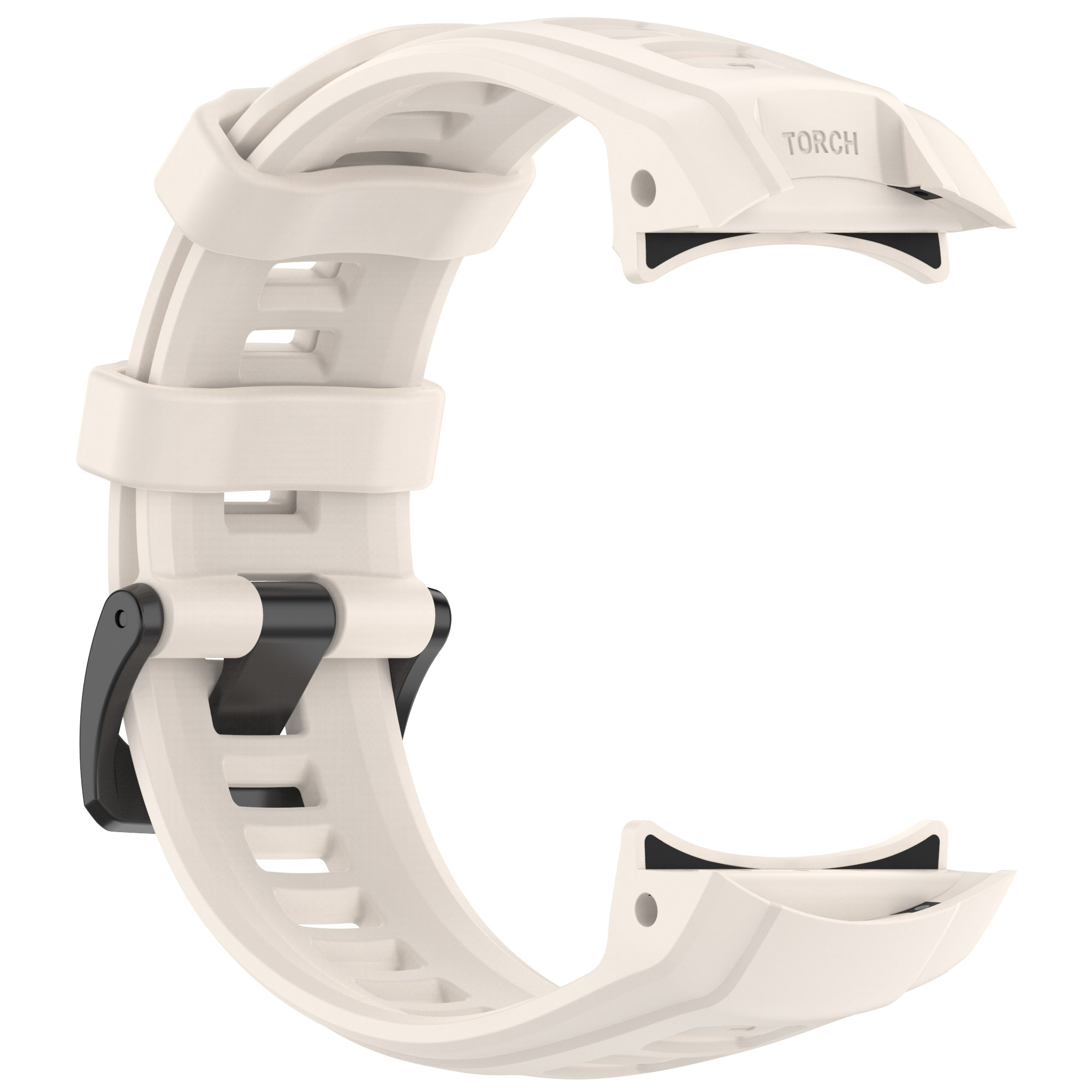 Cinturino orologio color crema con dettagli neri. TORCH è stampato sulla parte superiore.