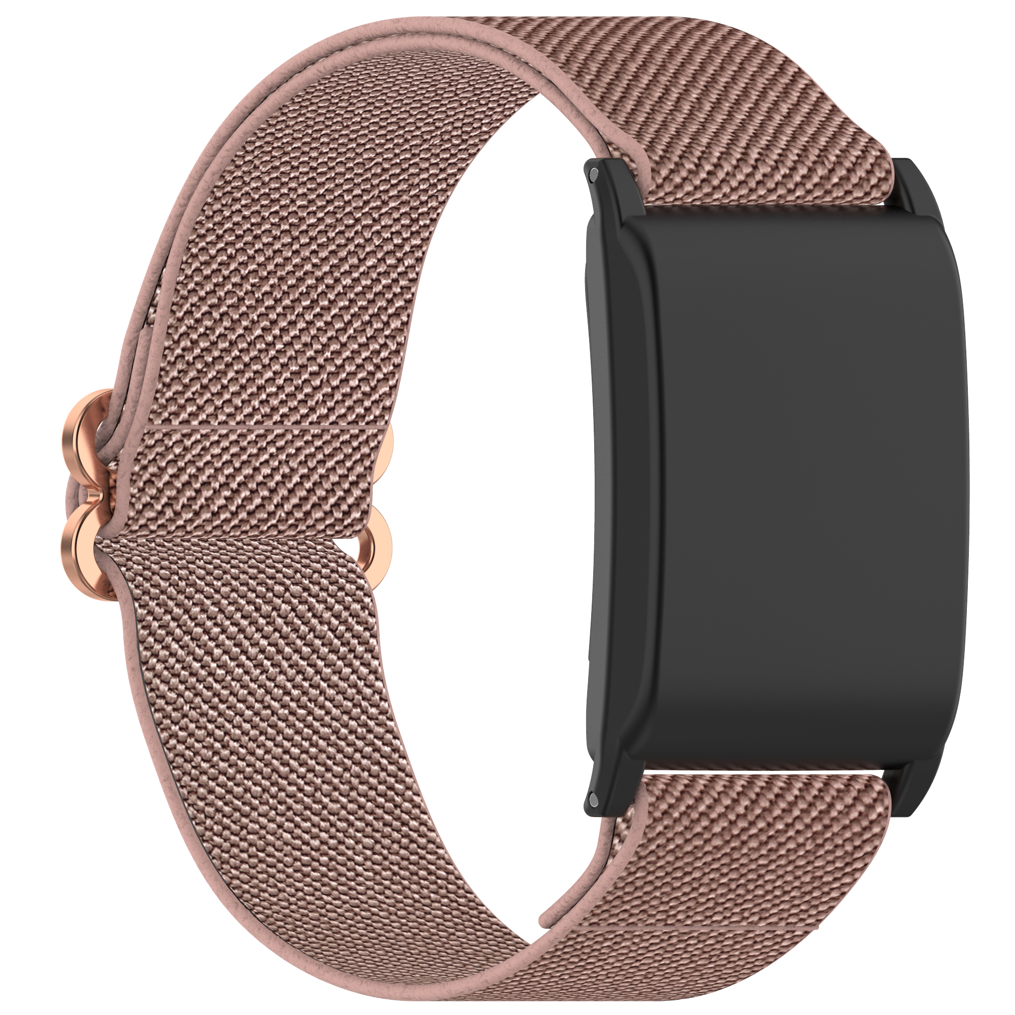 Ein rosa-schwarzes Smartwatch-Armband mit Metallverschluss. Das Armband ist gewebt.