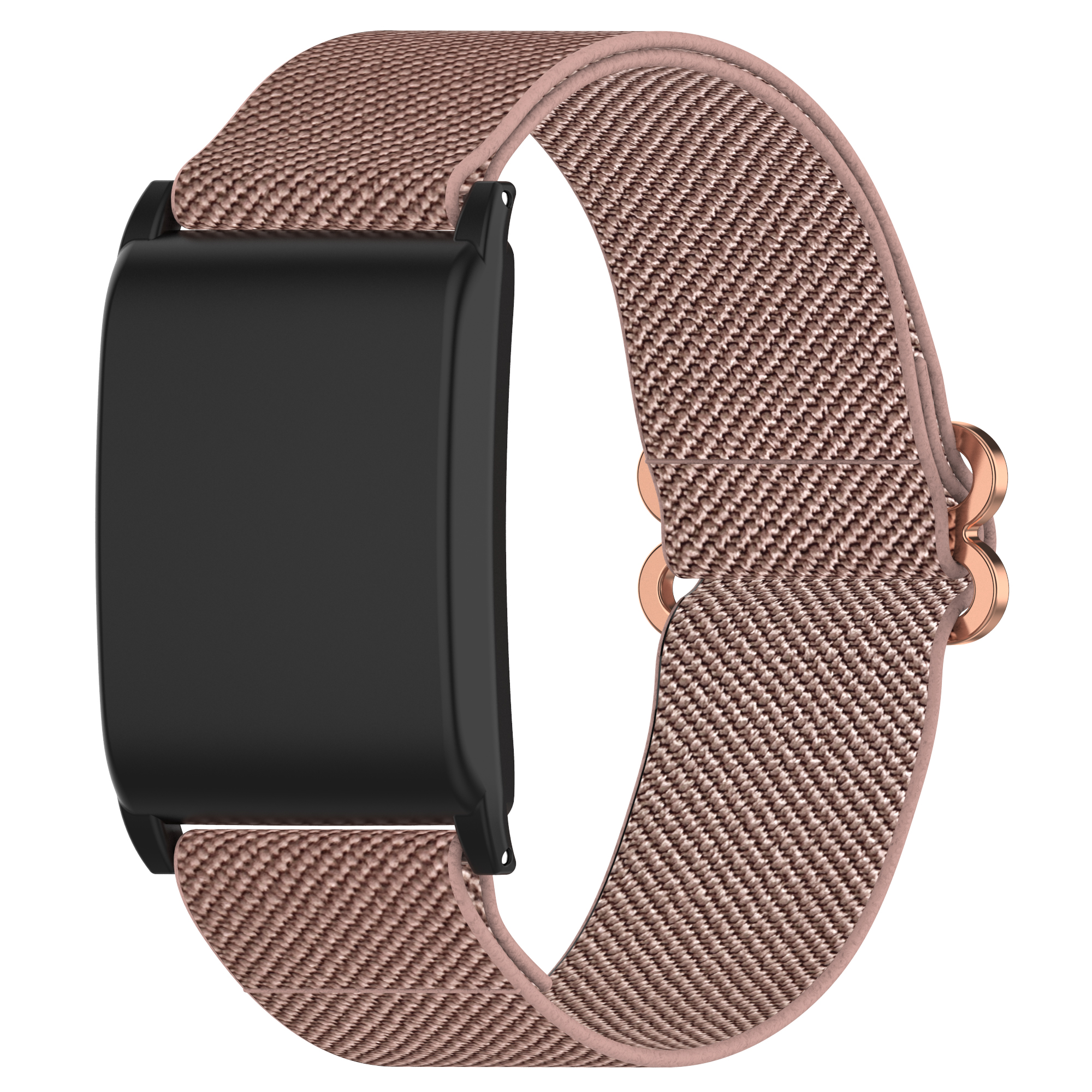 Ein schwarzer Fitness-Tracker mit einem rosa gewebten Armband. Das Band ist mit dem Tracker verbunden.