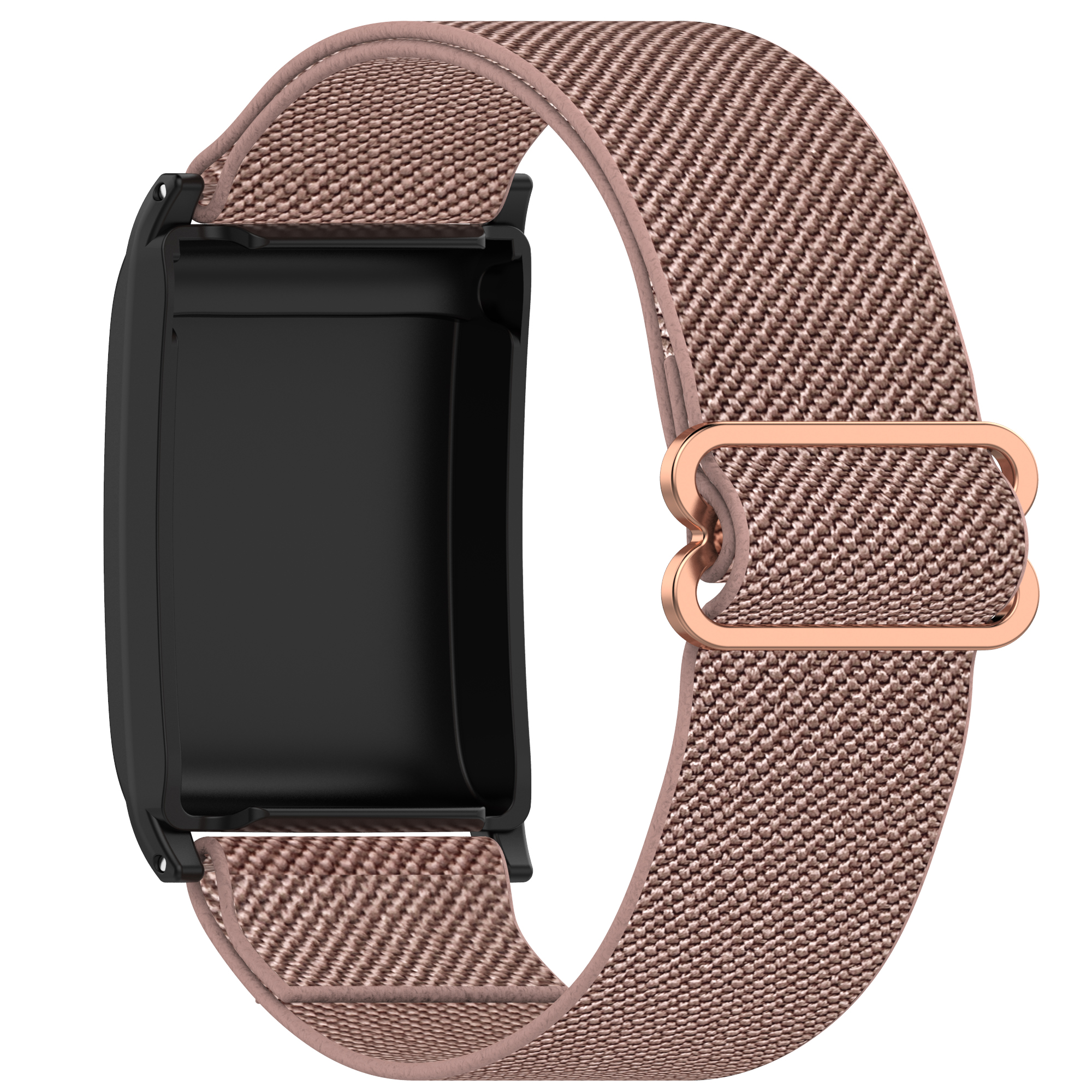 Smartwatch-Armband aus braunem Stoff mit schwarzem Rahmen am Uhrenanschluss.
