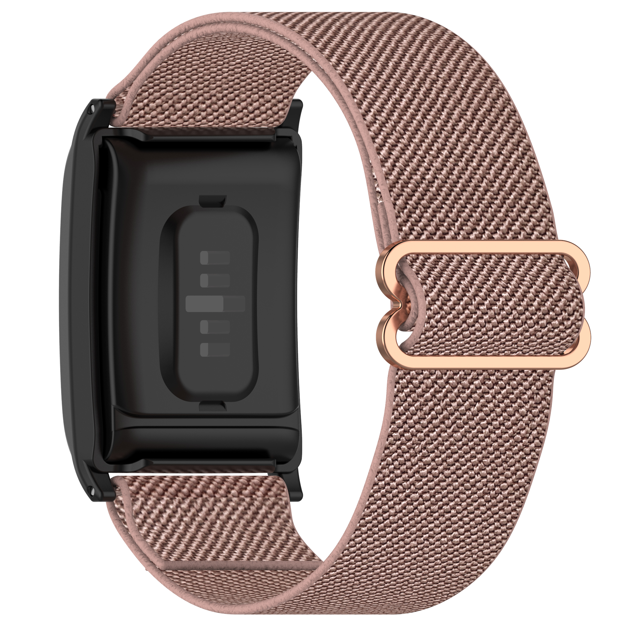 Ein rosa-schwarzes Fitness-Band-Armband mit einer roségoldenen Schnalle.