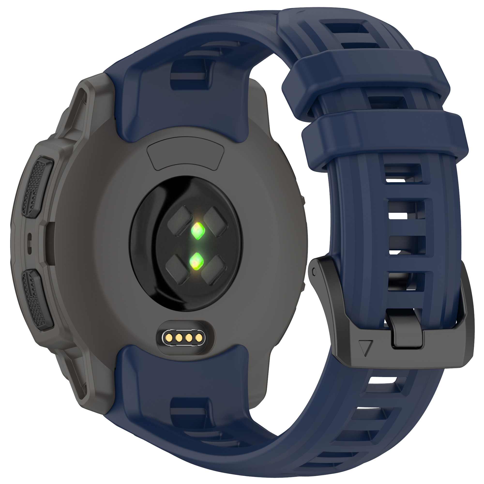 Retro smartwatch, cinturino blu, cassa nera, sensore verde.
