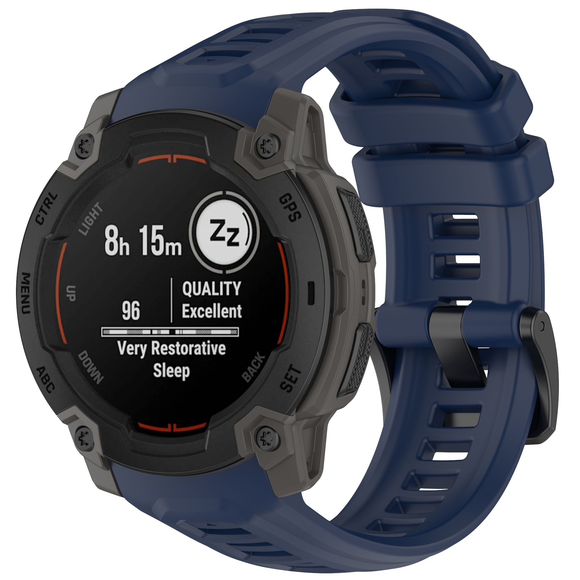 Uno smartwatch blu e grigio con dati sulla qualità del sonno visualizzati sullo schermo.