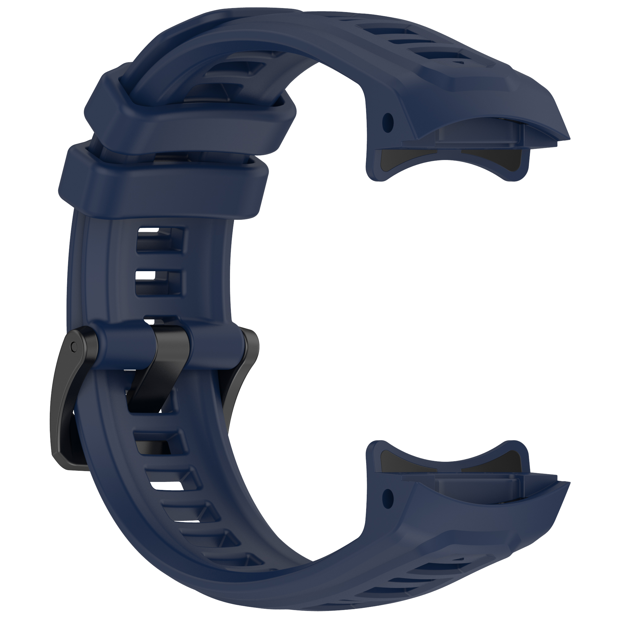Cinturino blu con fibbia nera e forma curva.