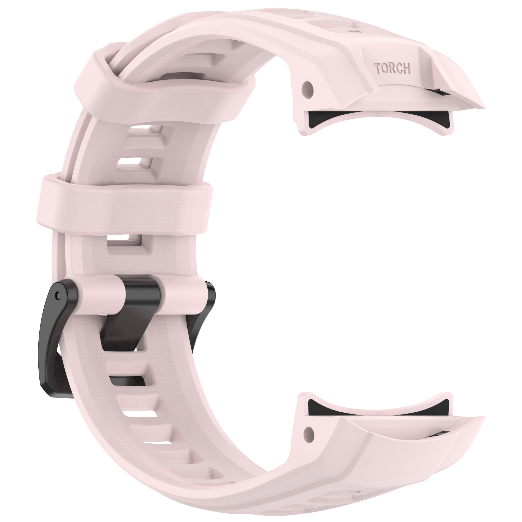 Cinturino rosa per orologio. Design curvo. Connettori e fibbia neri. Sfondo bianco.
