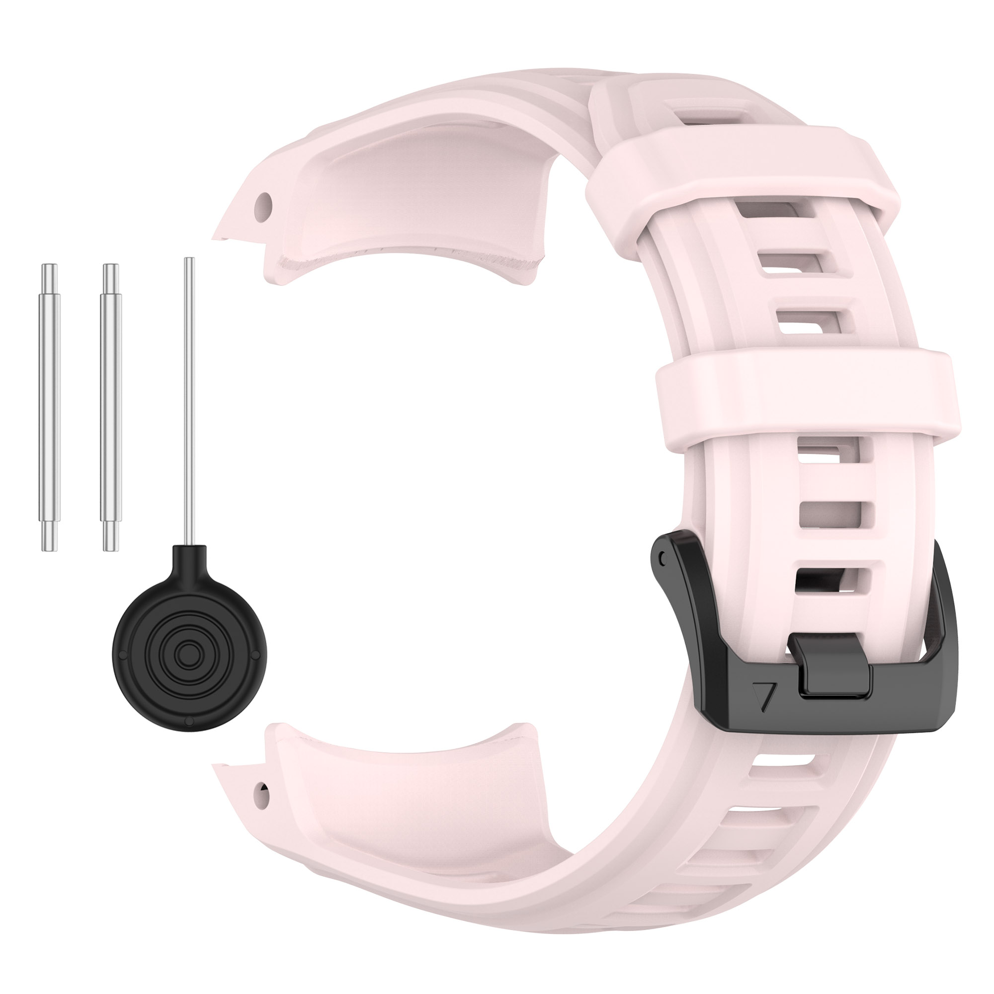 Cinturino rosa con fibbia nera e perni metallici, con un attrezzo per sostituire i perni, sfondo bianco.