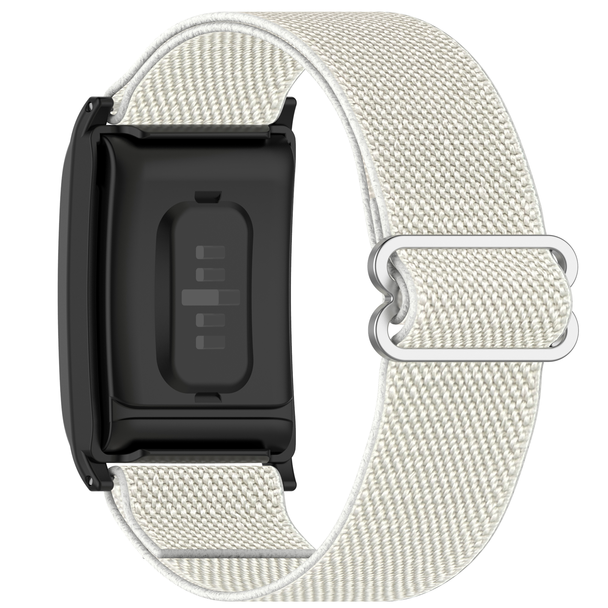 Beiges elastisches Uhrenarmband an einer schwarzen Uhr mit silberner Schnalle.