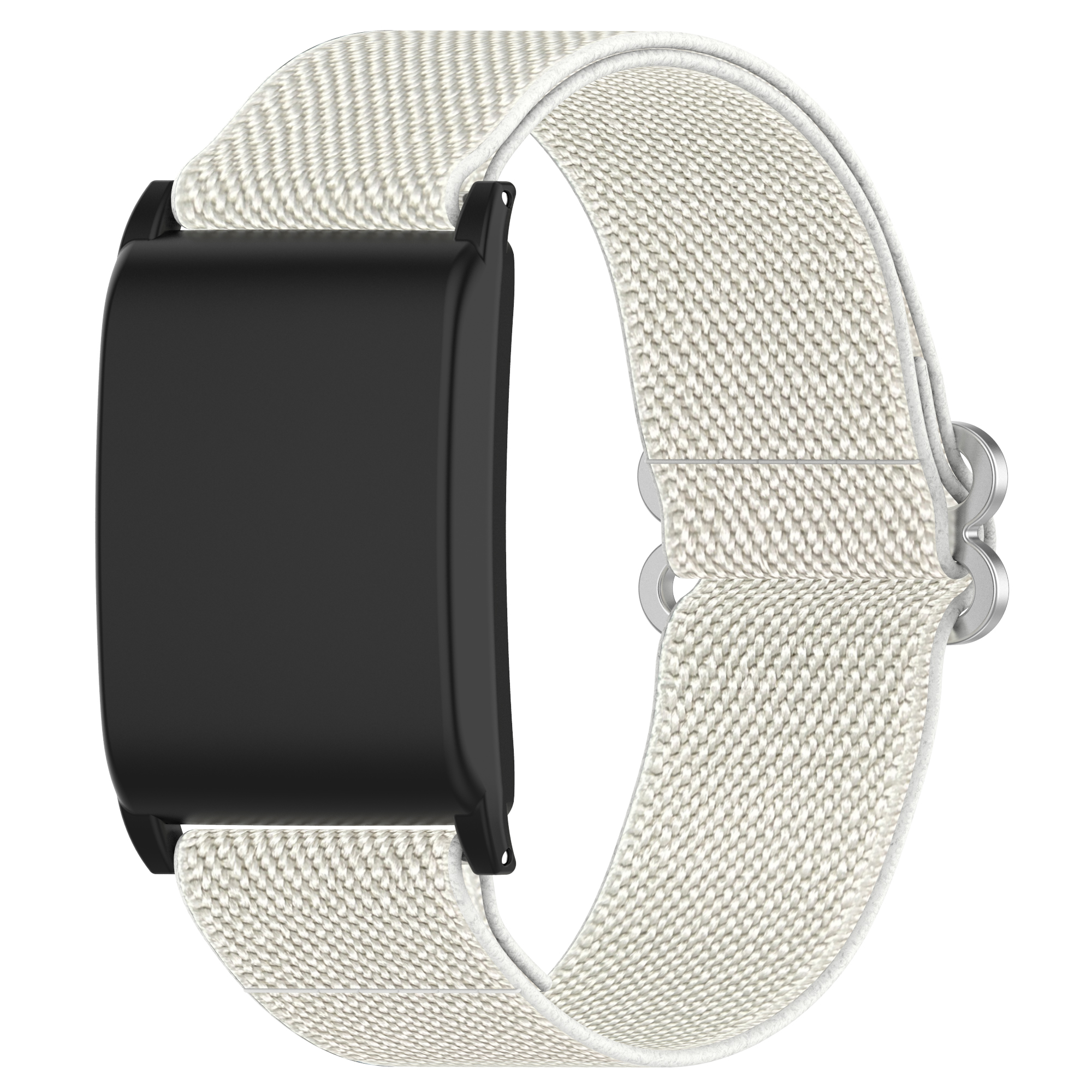 Ein schwarzes und weißes Smartwatch-Armband mit einem hellen Stoffband und einem schwarzen rechteckigen Sensor.