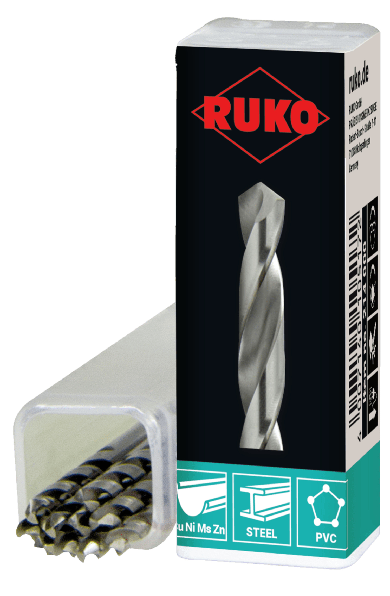 Pudełko wierteł z przezroczystym etui, obok pudełka z tekstem.