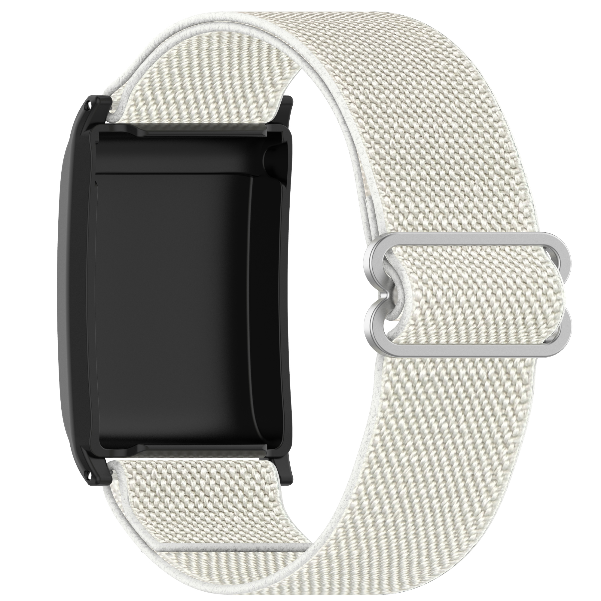 Beigefarbenes Stoff-Uhrenarmband mit schwarzem Uhrengehäuse. Das Armband hat eine Metallschnalle.