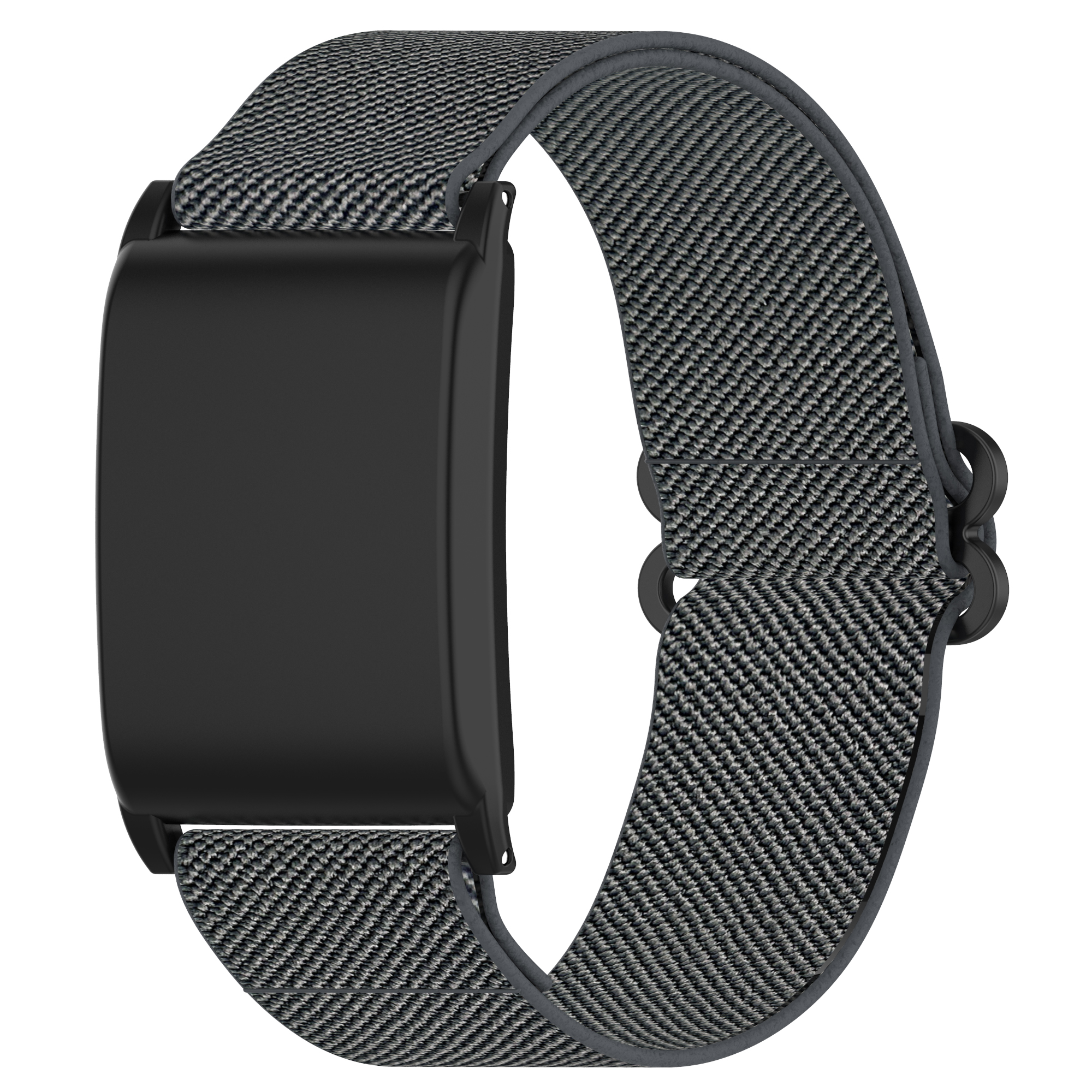 Schwarze Smartwatch mit grau gewebtem Armband, schwarzes Zifferblatt. Weißer Hintergrund.