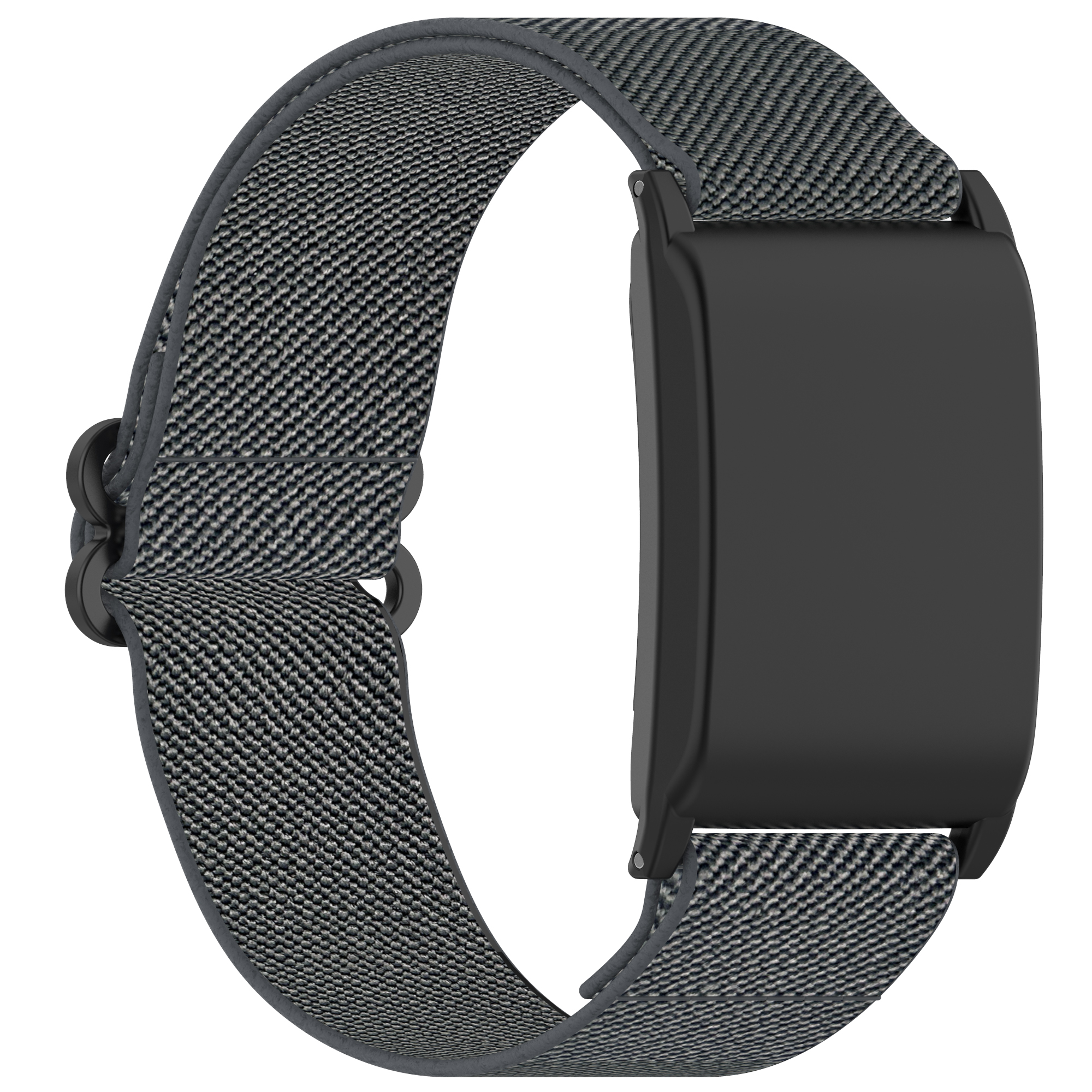 Schwarzes, graues Stoff-Smartwatch-Armband mit schwarzem Mittelteil. Das Armband hat eine Schnalle.