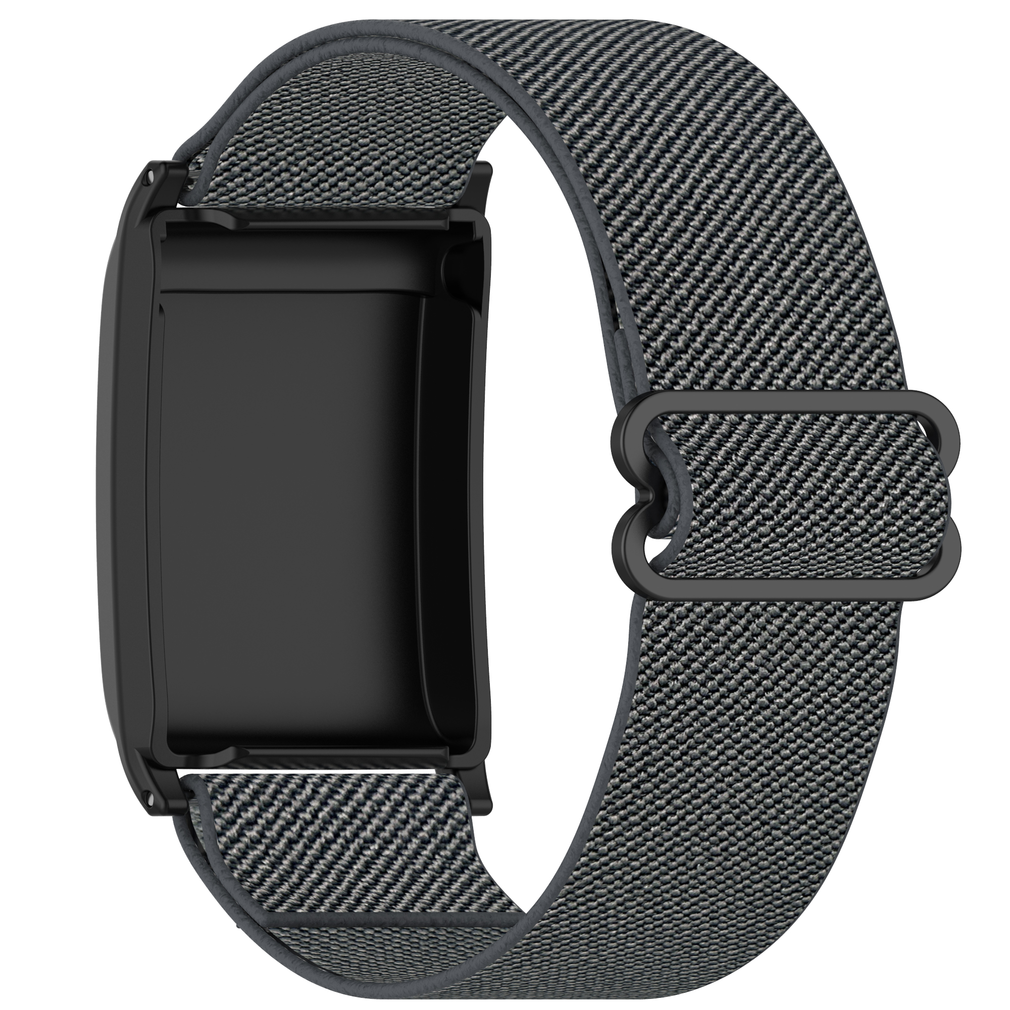 Schwarzer Fitnesstracker mit grauem gewebtem Band. Der Tracker ist schwarz und hat eine rechteckige Form.