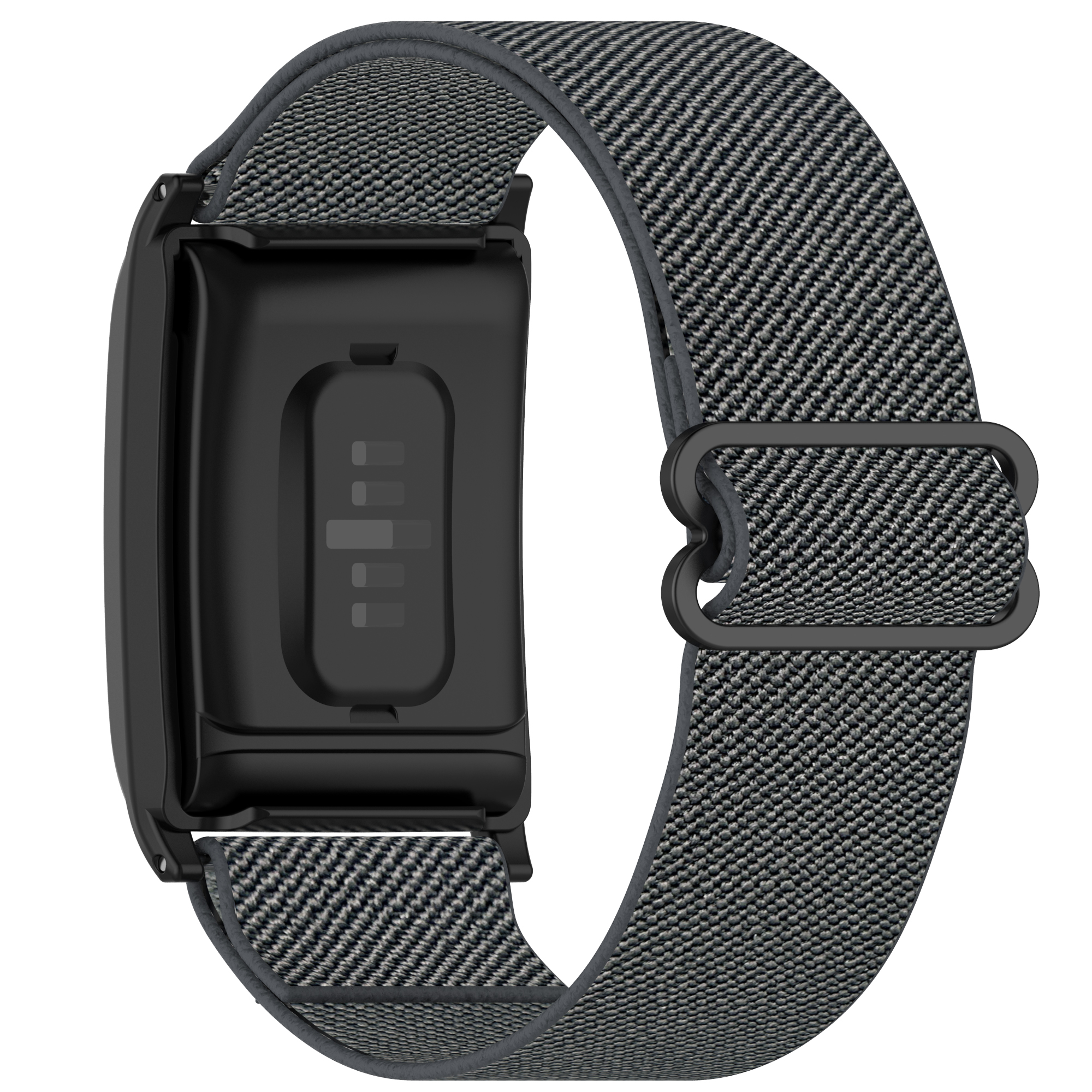 Schwarz-graues Fitness-Tracker-Band, Nahaufnahme, Rückseite des Geräts freigelegt.