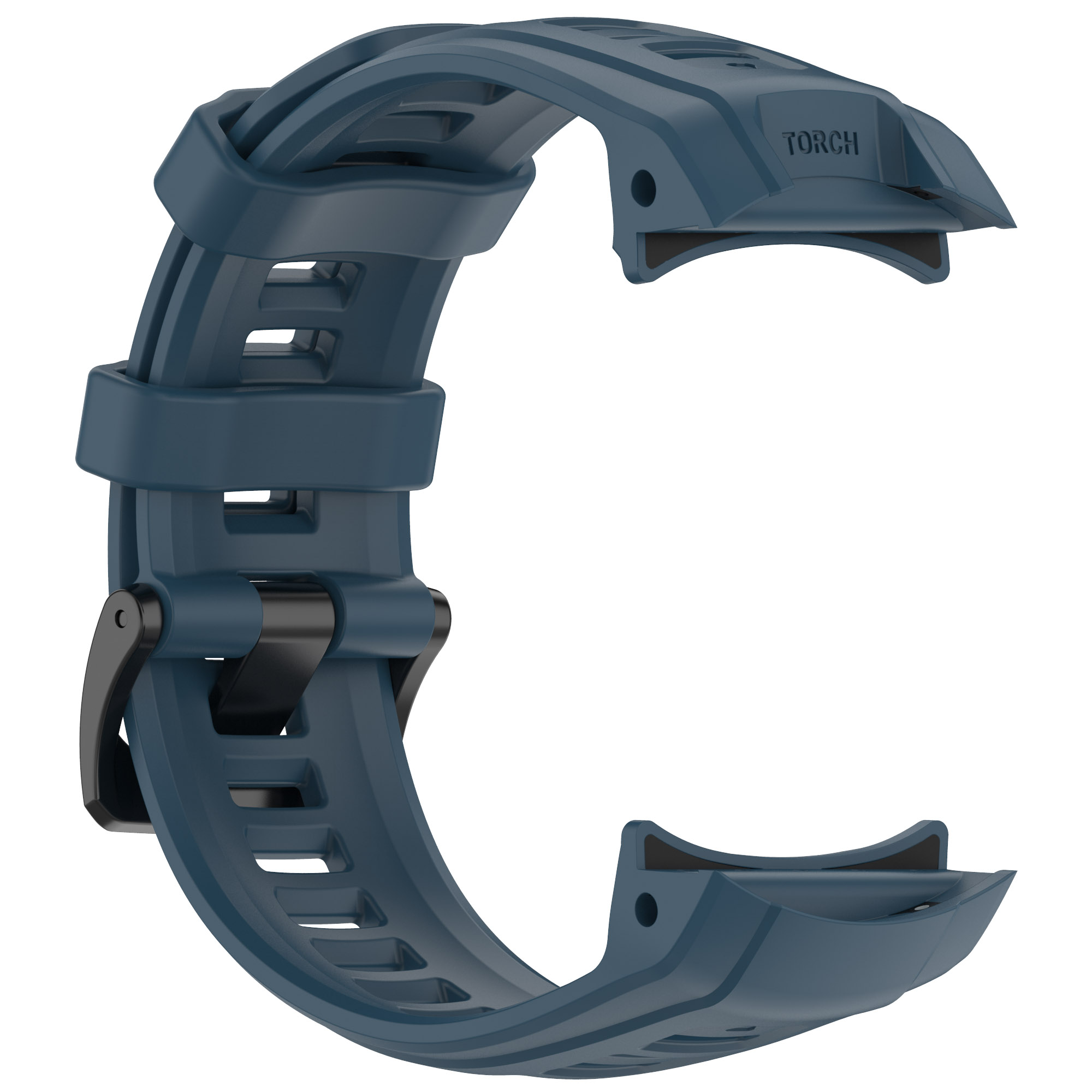 Nahaufnahme eines blauen Uhrenarmbands mit schwarzer Schnalle. Der Markenname 'TORCH' ist sichtbar.