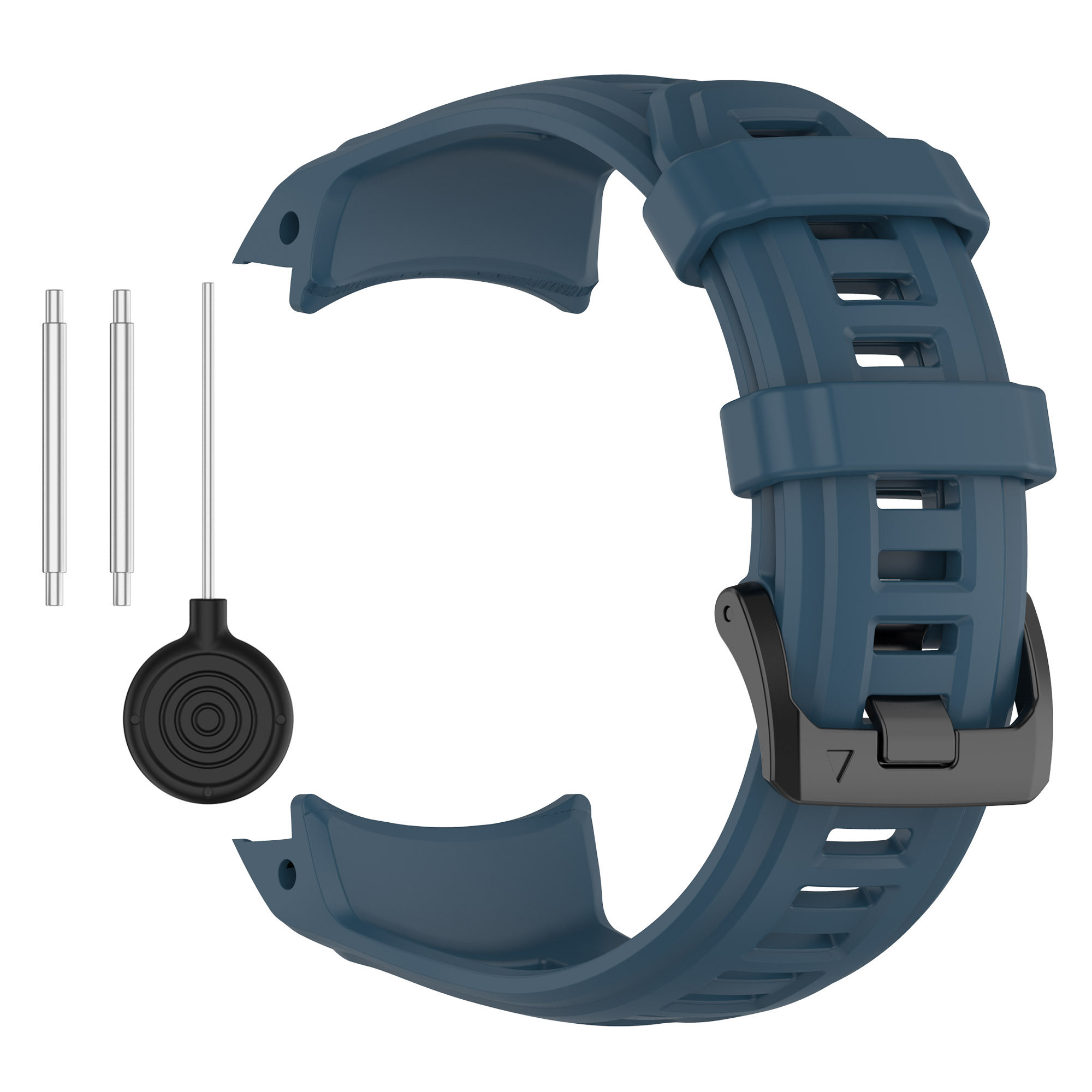 Blaues Uhrenarmband mit schwarzer Schnalle. Silberne Stifte. Schwarzes Werkzeug. Weißer Hintergrund.