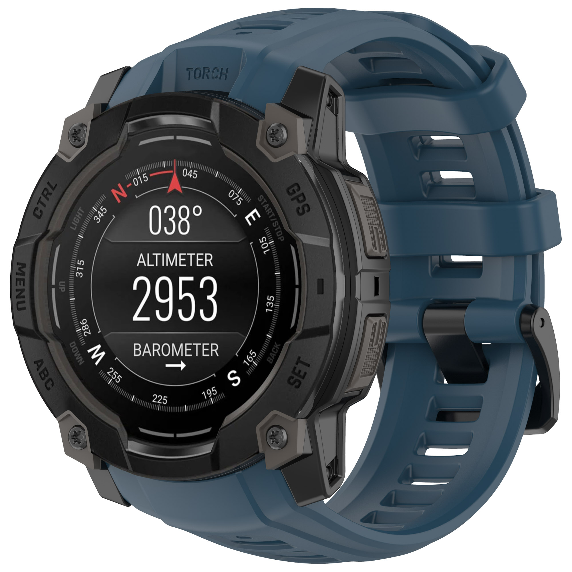 Smartwatch mit blauem Armband, zeigt Kompass, Höhenmesser und Barometer.