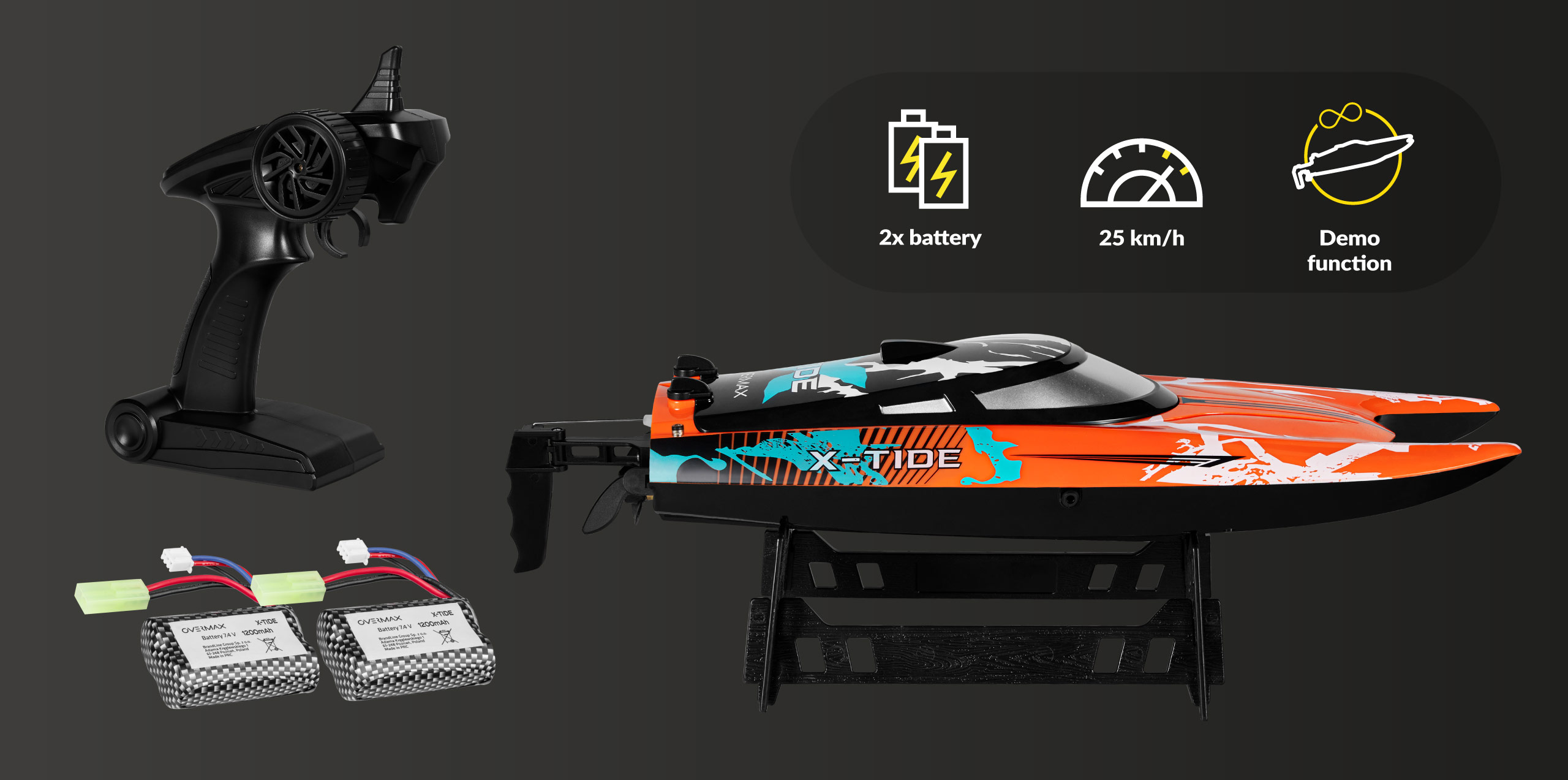 Orangenes und schwarzes Spielzeugboot mit Fernbedienung und Batterien.