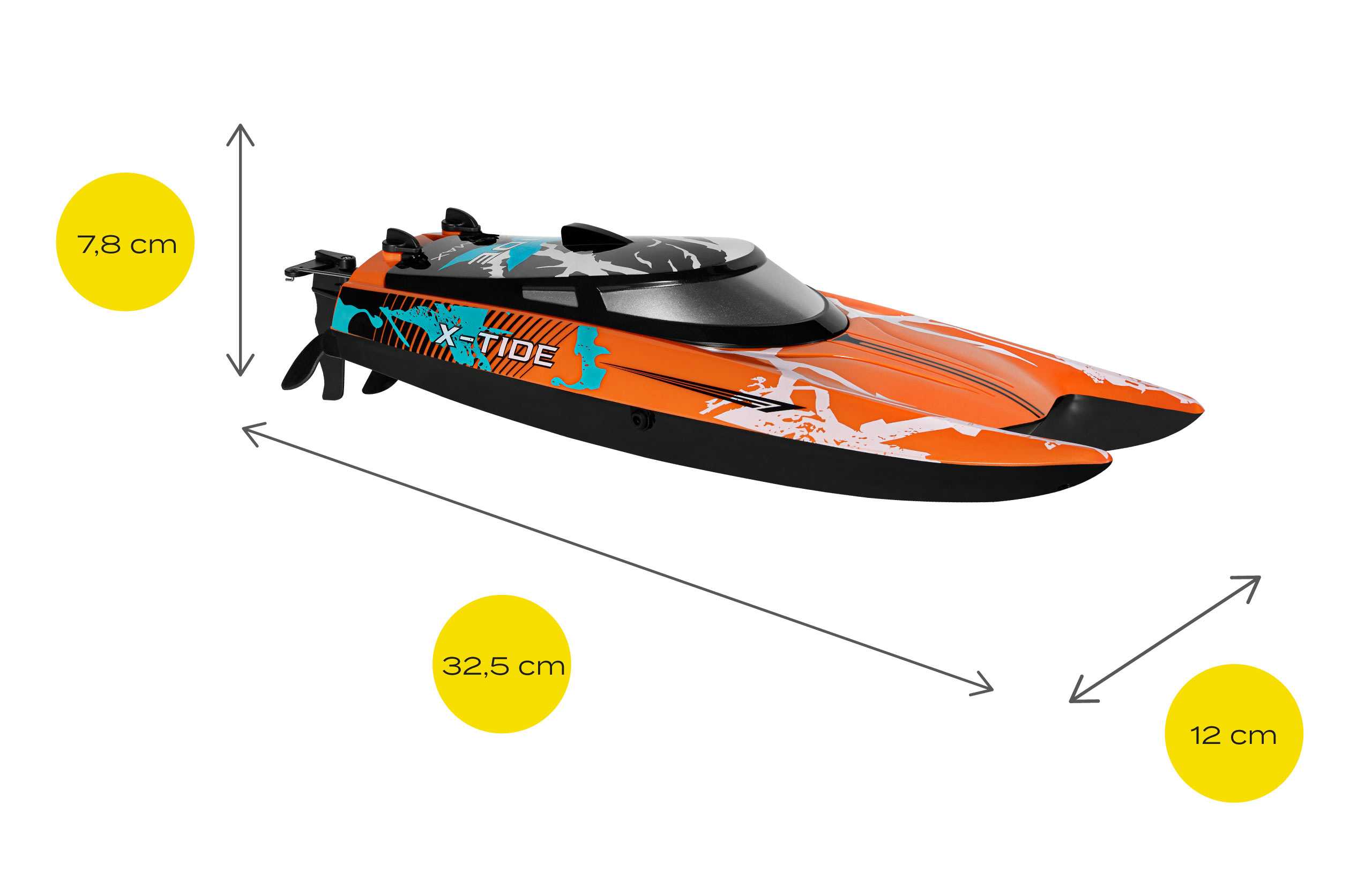 Orange und weißes Spielzeugboot mit Maßen. 32,5 cm, 12 cm und 7,8 cm.