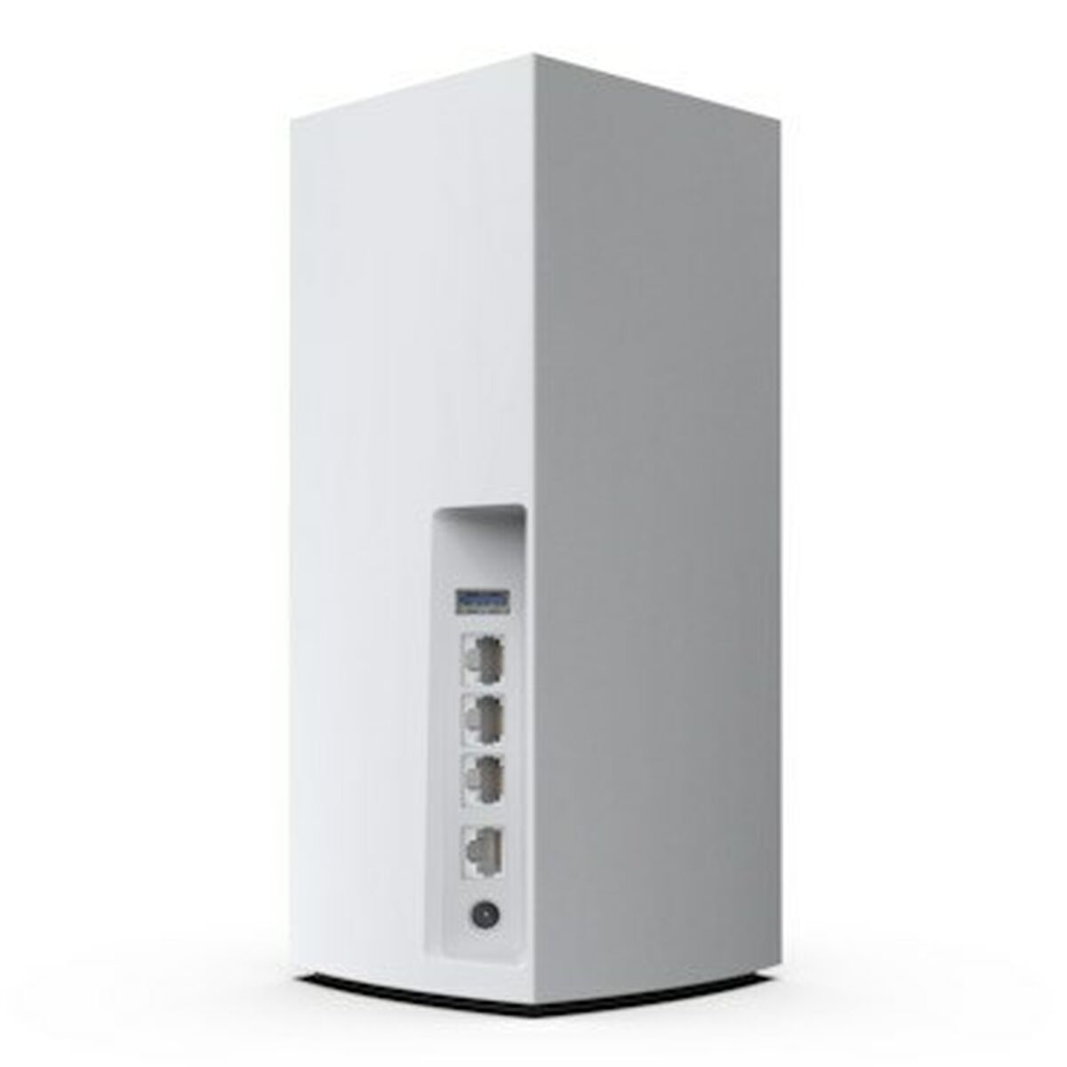 Weißer Router mit Anschlüssen. Neutrale Beleuchtung. Weißer Hintergrund. Seitenansicht des Routers.