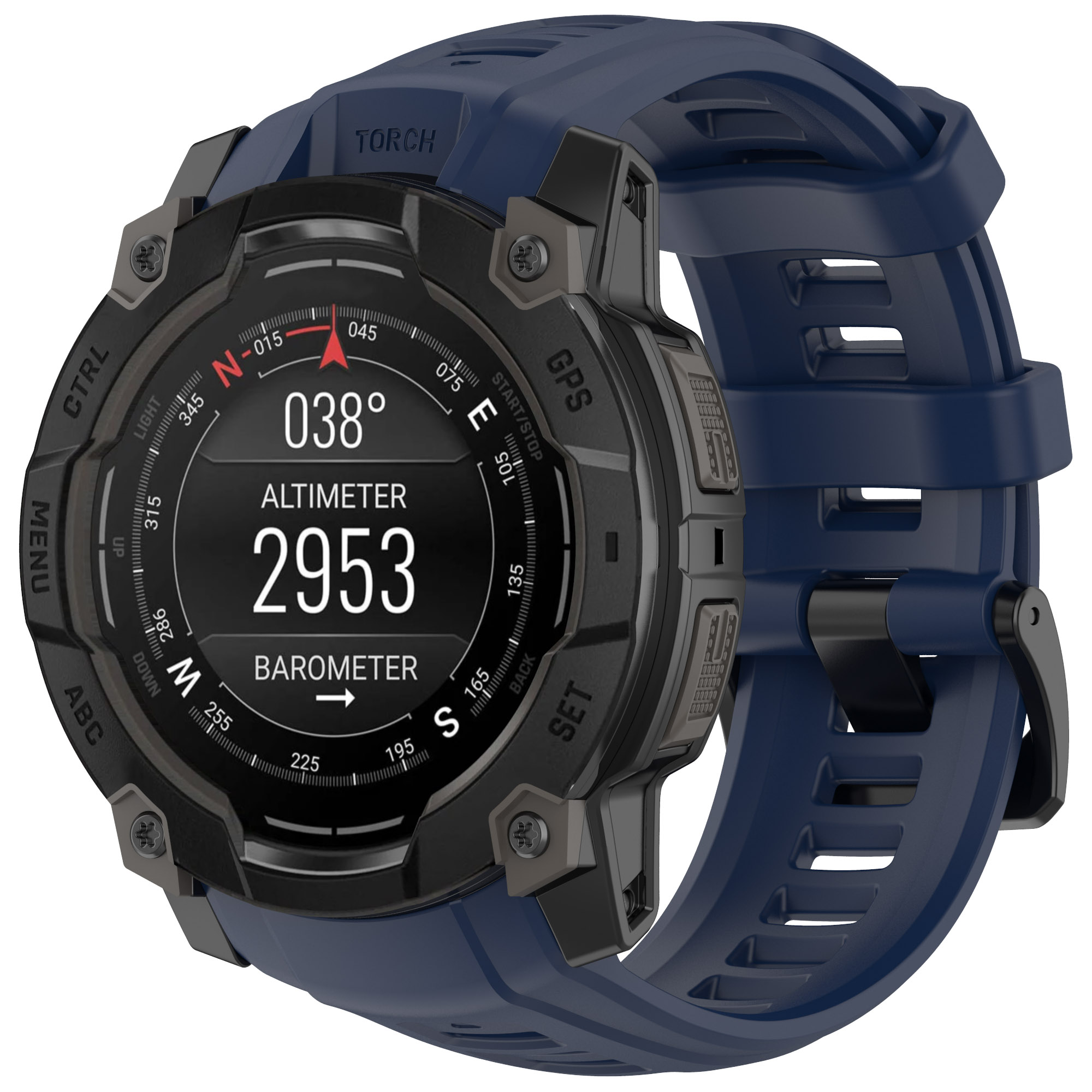 Smartwatch nero e blu con letture di altimetro, barometro e bussola sullo schermo.